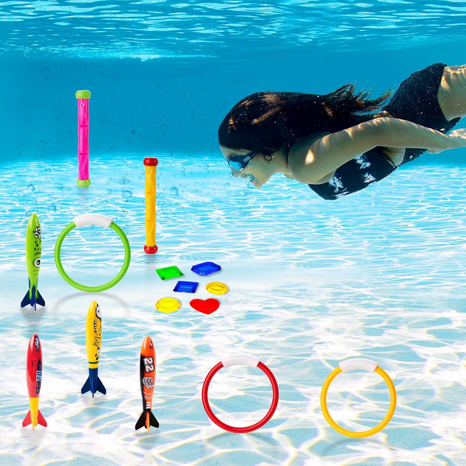 imageJOYIN 18Pcs Diving Pool Toys for Kids Swimming Pool Toy with Storage Bag Includes 4 Pool Rings 4 Diving Sticks 4 Bandits 6 Treasures Underwater Swim Pool Games for Ages 812