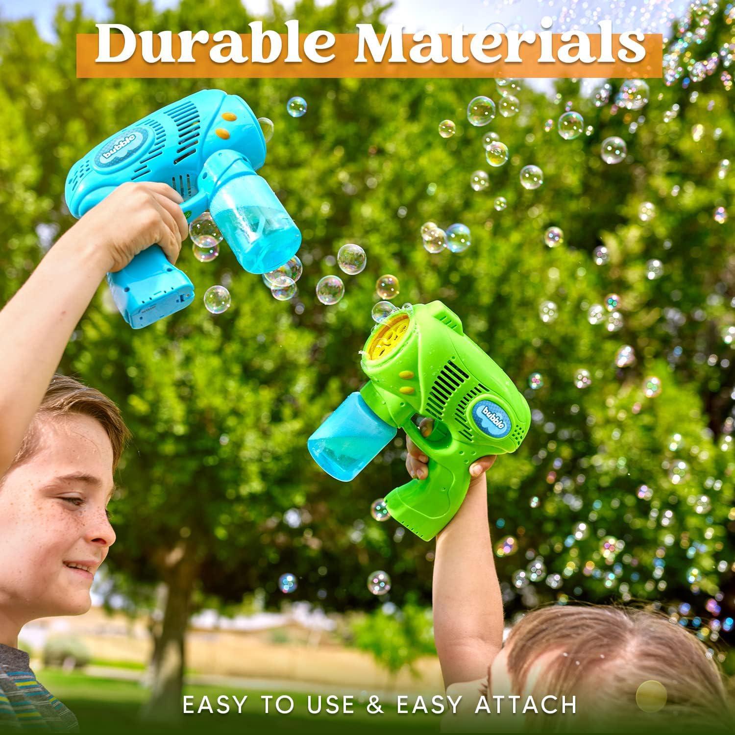 imageJOYIN 2 Bubble Guns with 2 Refill Solution 10 oz Total Bubbles Maker Blower for Kids Toddlers Outdoors Activity Birthday Gift Easter Basket Stuffers YellowOrangeBluegreen