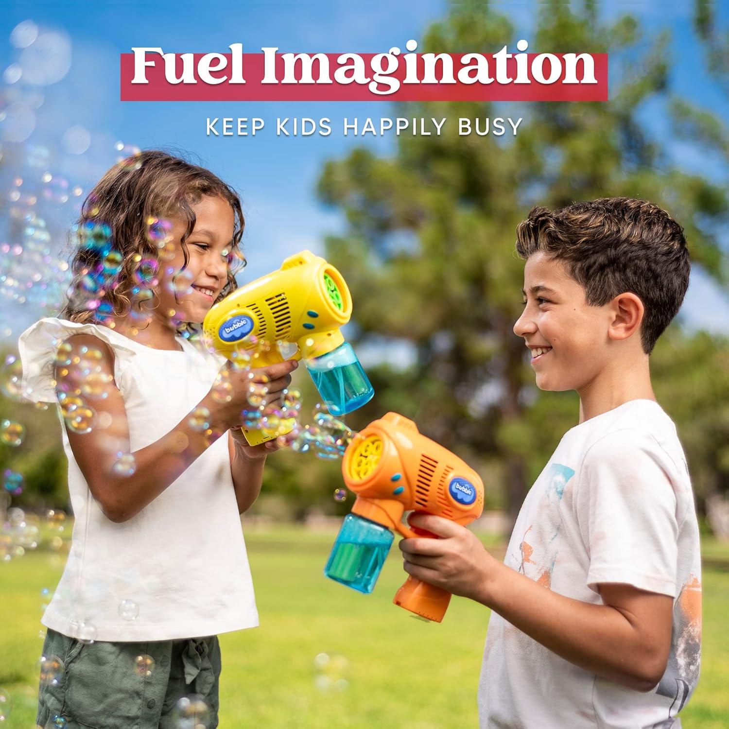 imageJOYIN 2 Bubble Guns with 2 Refill Solution 10 oz Total Bubbles Maker Blower for Kids Toddlers Outdoors Activity Birthday Gift Easter Basket Stuffers YellowOrangeOrangeyellow