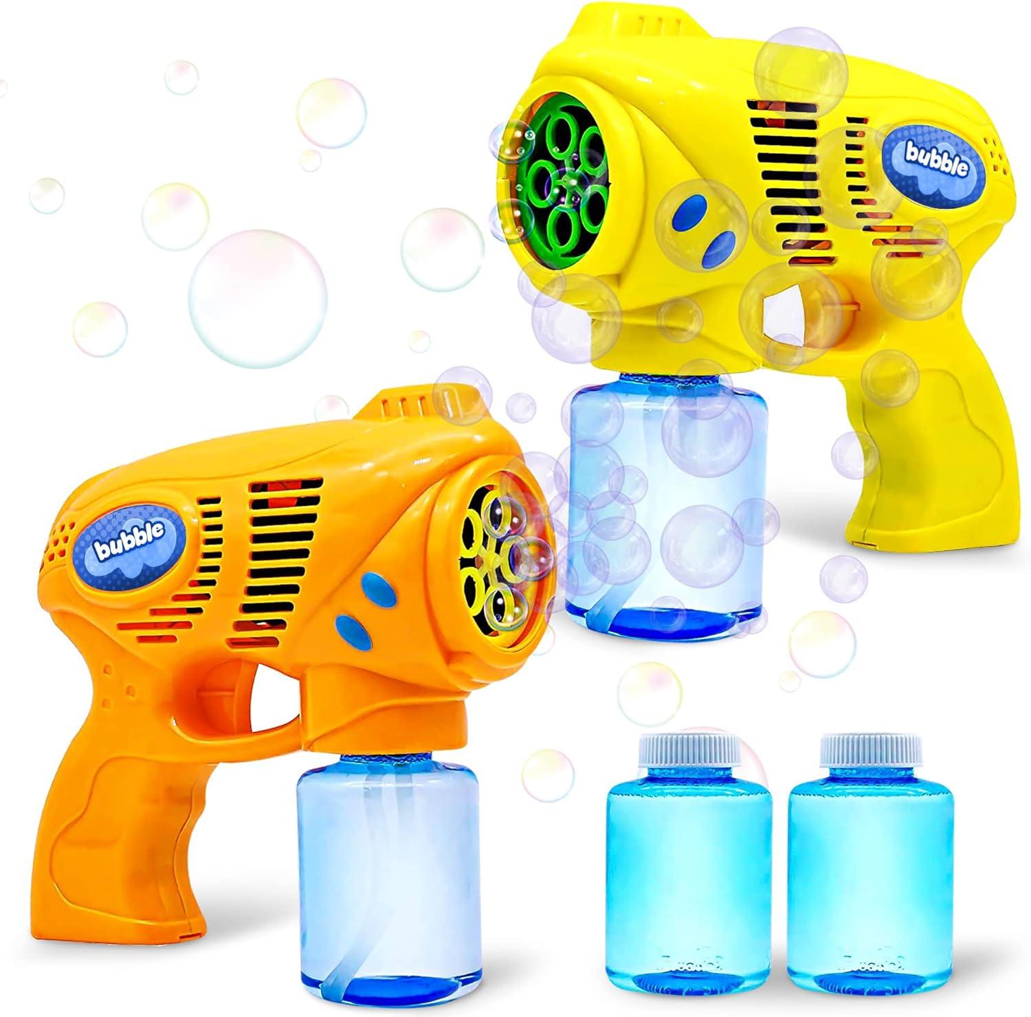 imageJOYIN 2 Bubble Guns with 2 Refill Solution 10 oz Total Bubbles Maker Blower for Kids Toddlers Outdoors Activity Birthday Gift Easter Basket Stuffers YellowOrangeOrangeyellow