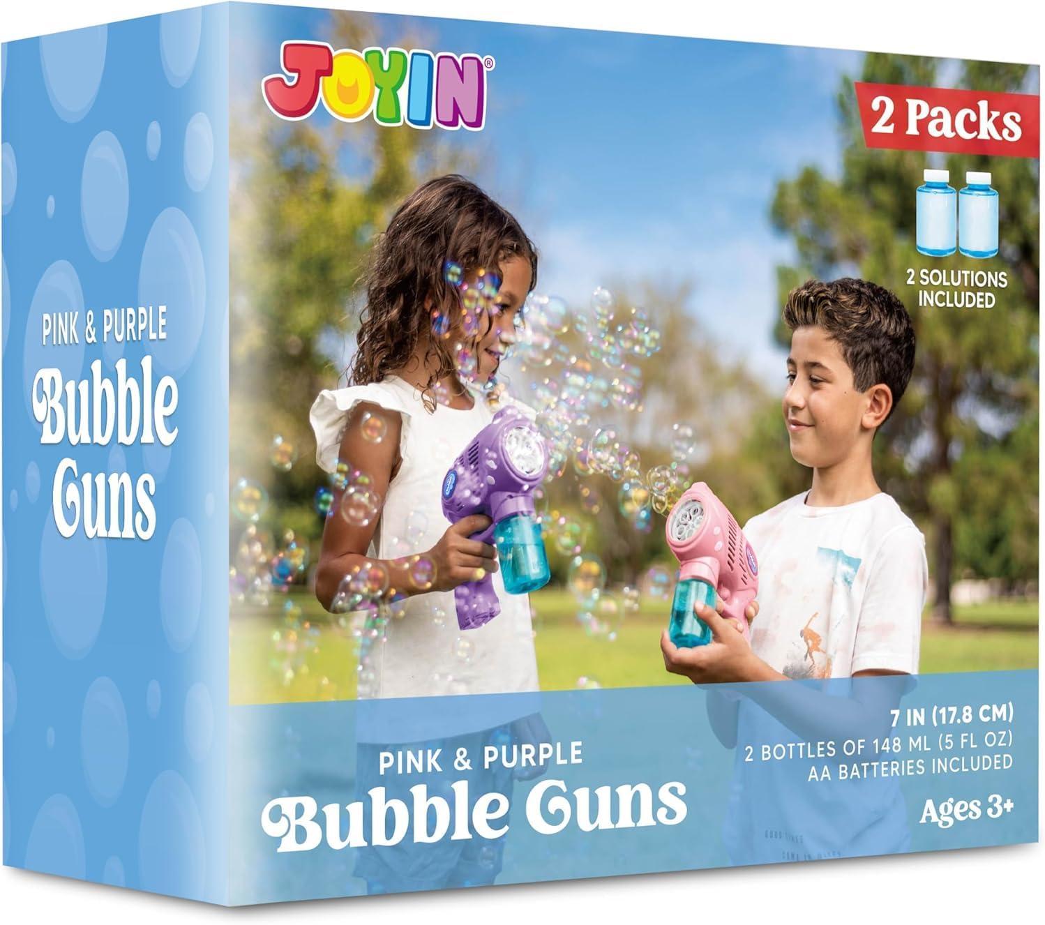 imageJOYIN 2 Bubble Guns with 2 Refill Solution 10 oz Total Bubbles Maker Blower for Kids Toddlers Outdoors Activity Birthday Gift Easter Basket Stuffers YellowOrangePinkpurple
