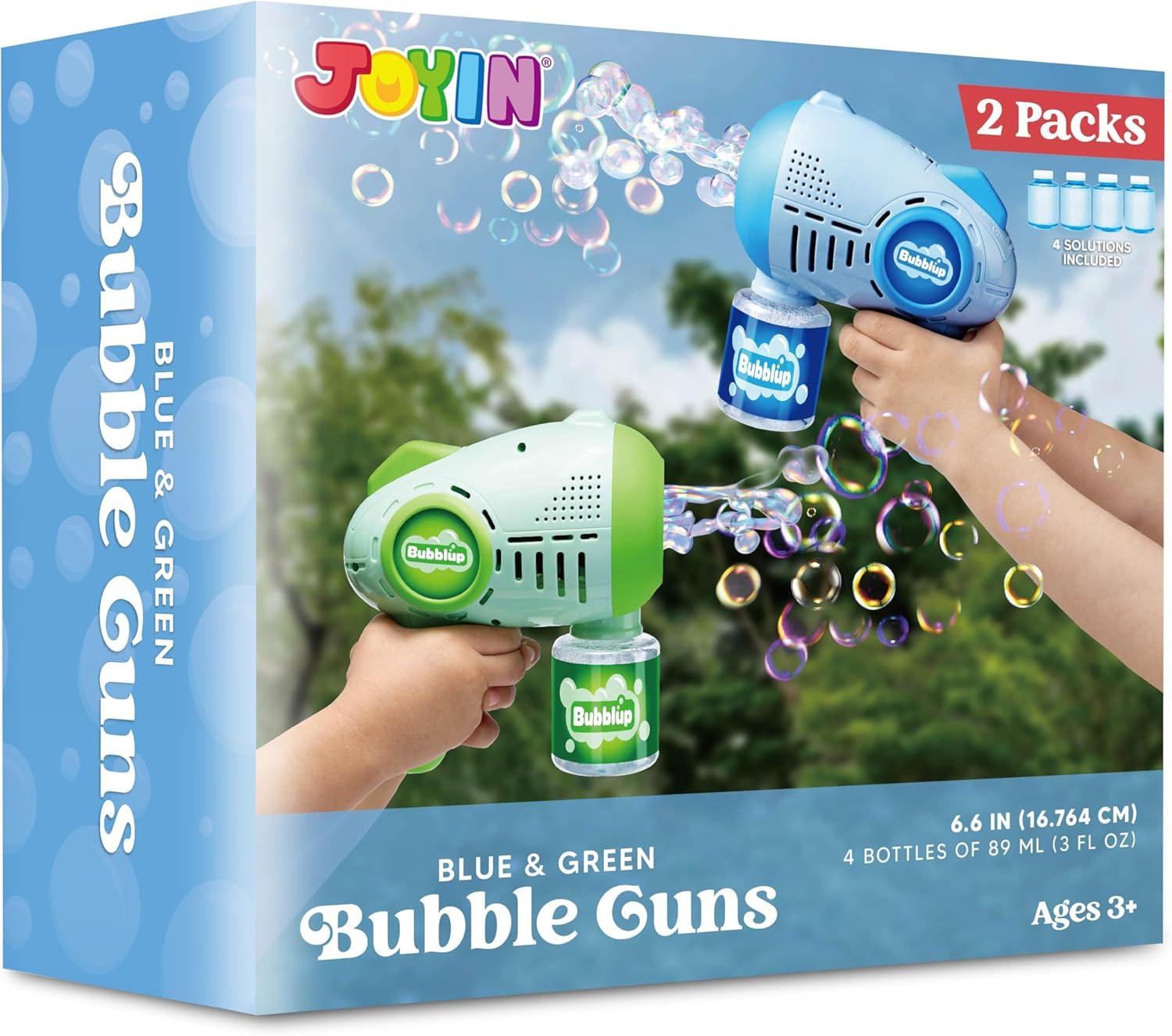 imageJOYIN 2 Kids Bubble Guns with 4 Bottles Solution Automatic Bubble Machine Gun with 8 Holes for Kids Adults Summer Toys Easter Basket Stuffers Birthday Gift Party FavorsGreen Blue