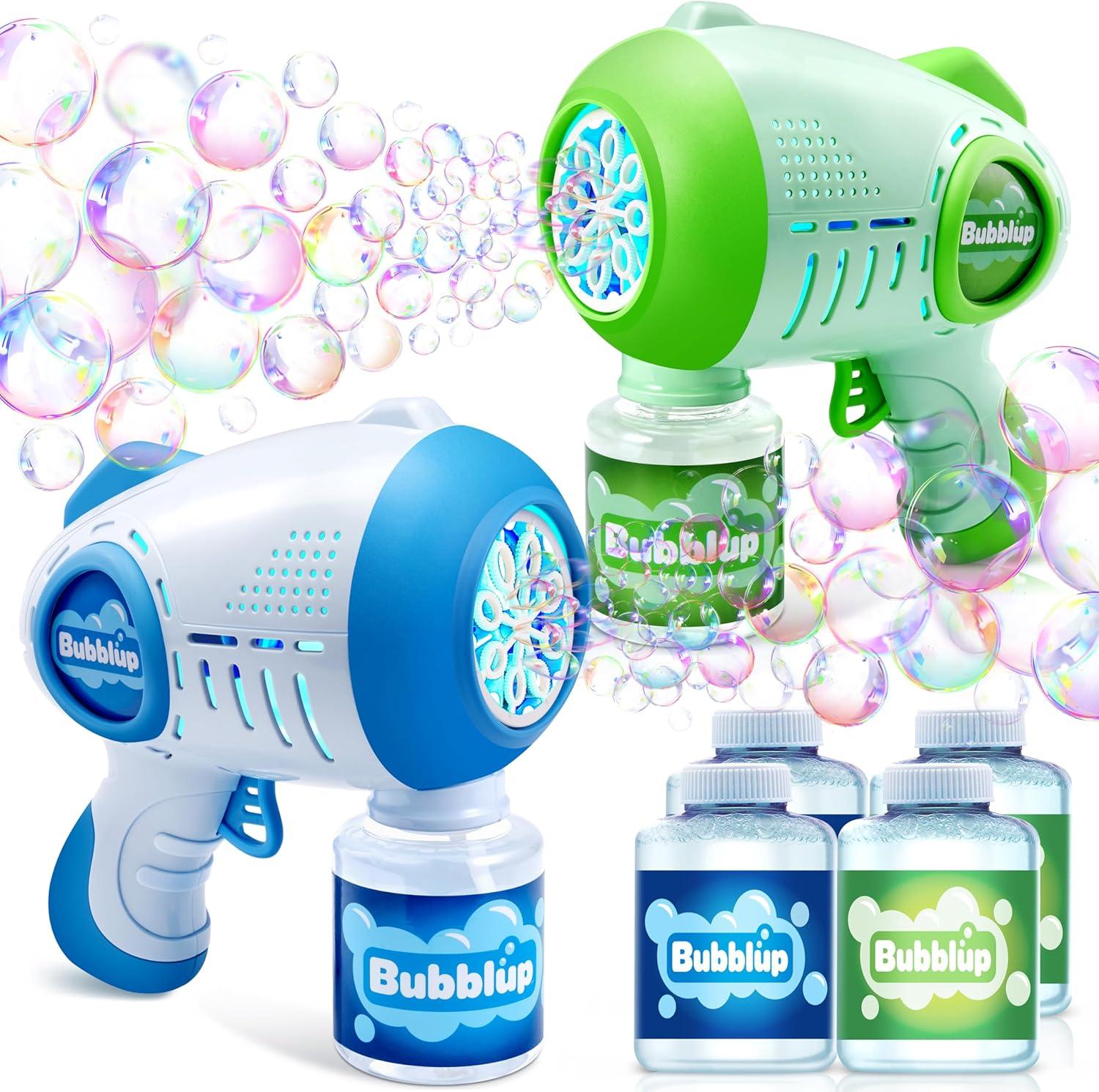 imageJOYIN 2 Kids Bubble Guns with 4 Bottles Solution Automatic Bubble Machine Gun with 8 Holes for Kids Adults Summer Toys Easter Basket Stuffers Birthday Gift Party FavorsGreen Blue