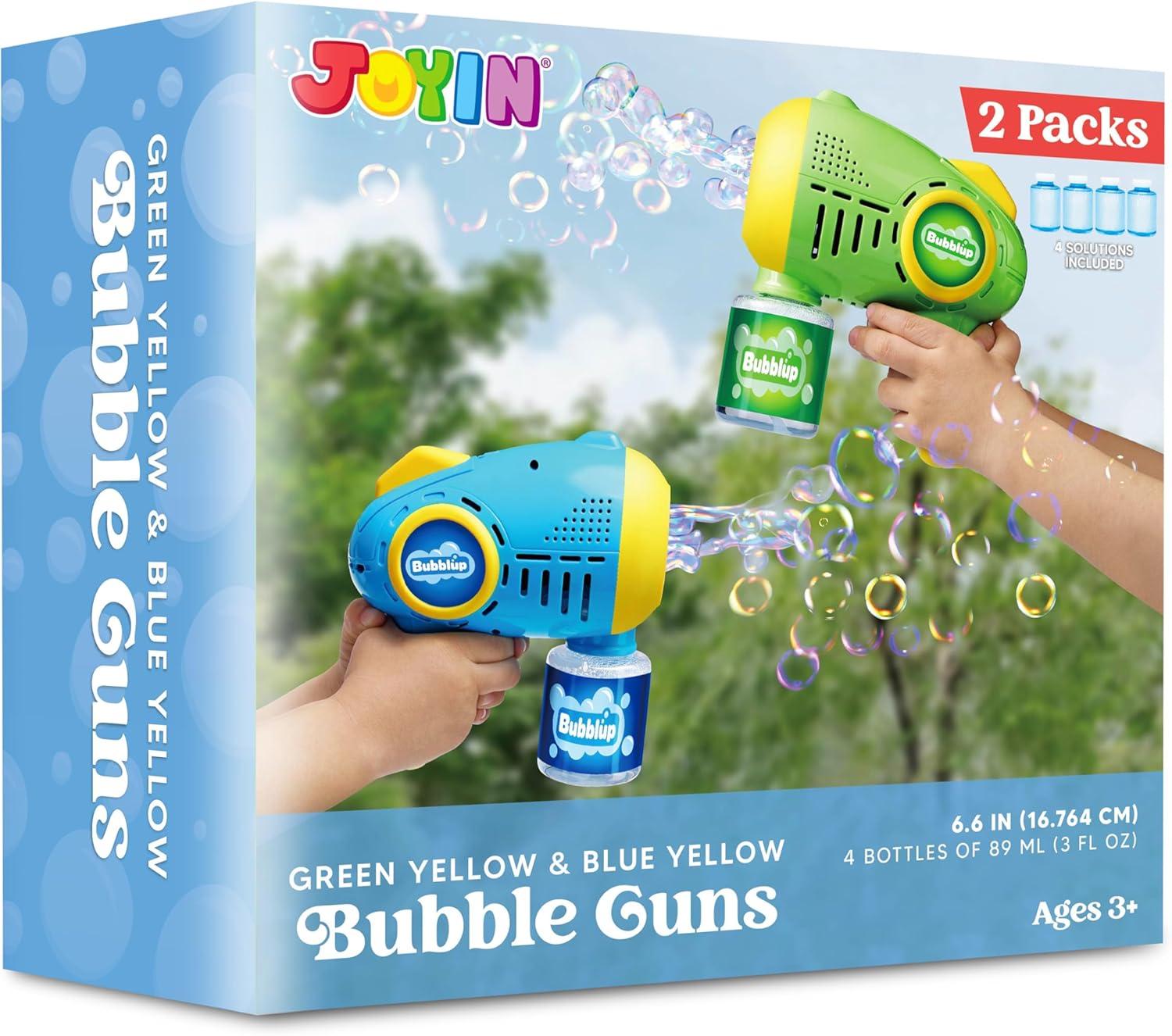 imageJOYIN 2 Kids Bubble Guns with 4 Bottles Solution Automatic Bubble Machine Gun with 8 Holes for Kids Adults Summer Toys Easter Basket Stuffers Birthday Gift Party FavorsGreen Yellow Blue Yellow