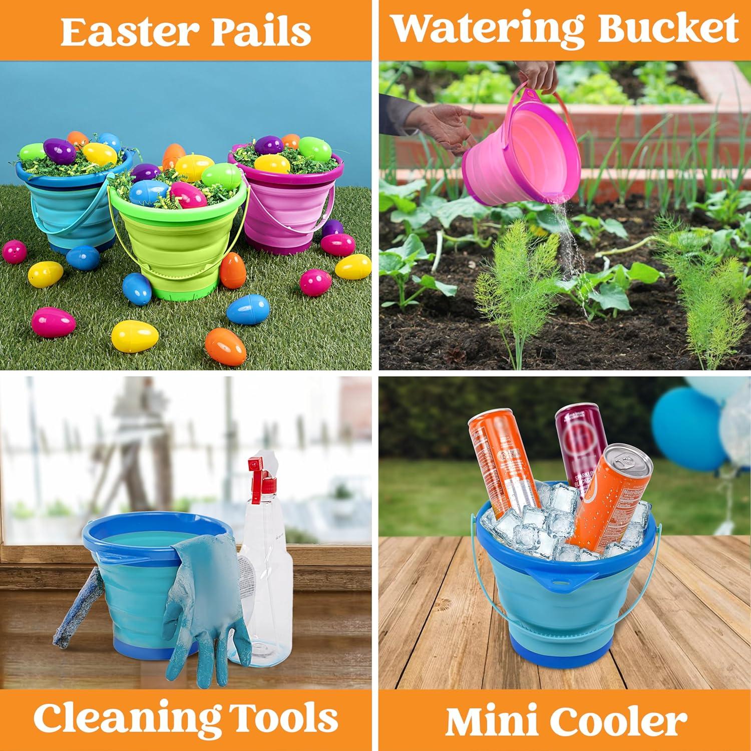 imageJOYIN 3 Packs Foldable Pail Bucket with Shovels amp Mesh Bag Collapsible Buckets Multi Purpose for Beach Camping Gear Beach Party Fishing and Fun Summer Activities YellowBlueGreenBluePinkGreen