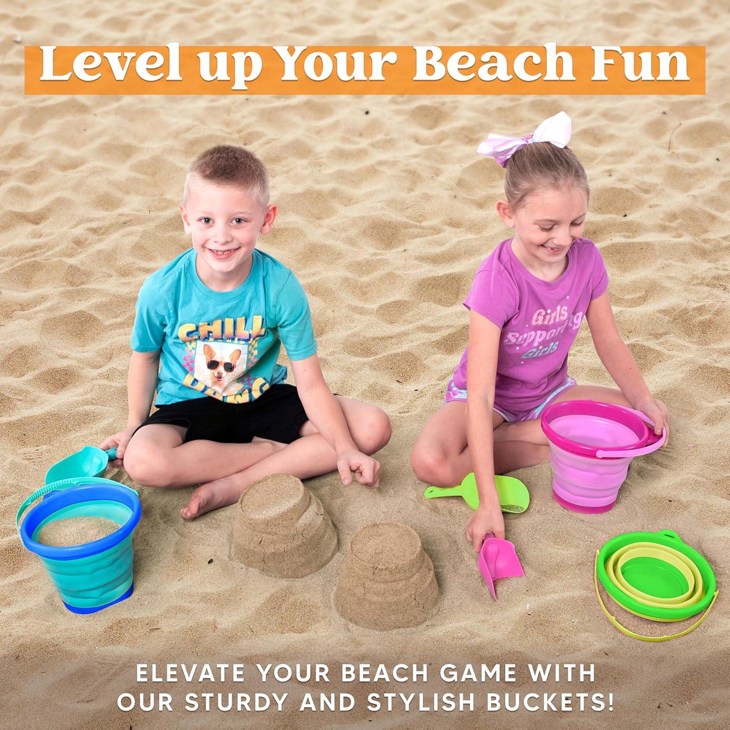 imageJOYIN 3 Packs Foldable Pail Bucket with Shovels amp Mesh Bag Collapsible Buckets Multi Purpose for Beach Camping Gear Beach Party Fishing and Fun Summer Activities YellowBlueGreenBluePinkGreen
