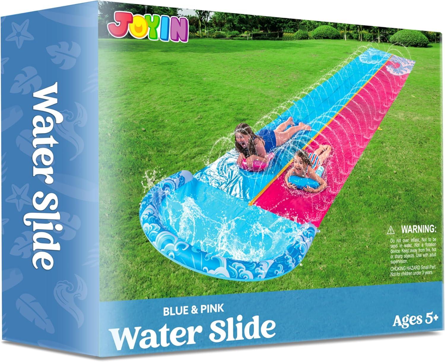 imageJOYIN 325FT Water Slide and 2 Inflatable Boards Extra Long Double Lawn Heavy Duty Splash Mat Pad with Sprinkler for Kids Adults Backyard Summer Water Toy Outdoor Fun Blue OrangeBlue Pink