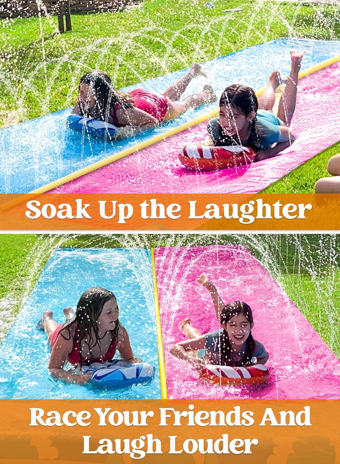 imageJOYIN 325FT Water Slide and 2 Inflatable Boards Extra Long Double Lawn Heavy Duty Splash Mat Pad with Sprinkler for Kids Adults Backyard Summer Water Toy Outdoor Fun Blue OrangeBlue Pink