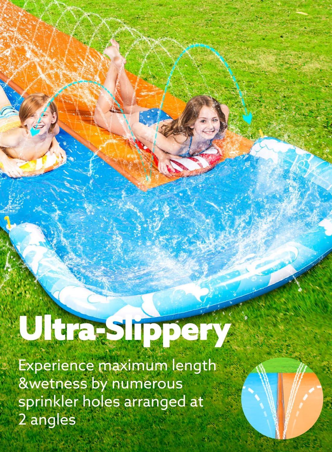 imageJOYIN 325FT Water Slide and 2 Inflatable Boards Extra Long Double Lawn Heavy Duty Splash Mat Pad with Sprinkler for Kids Adults Backyard Summer Water Toy Outdoor Fun Blue OrangeBlue Orange