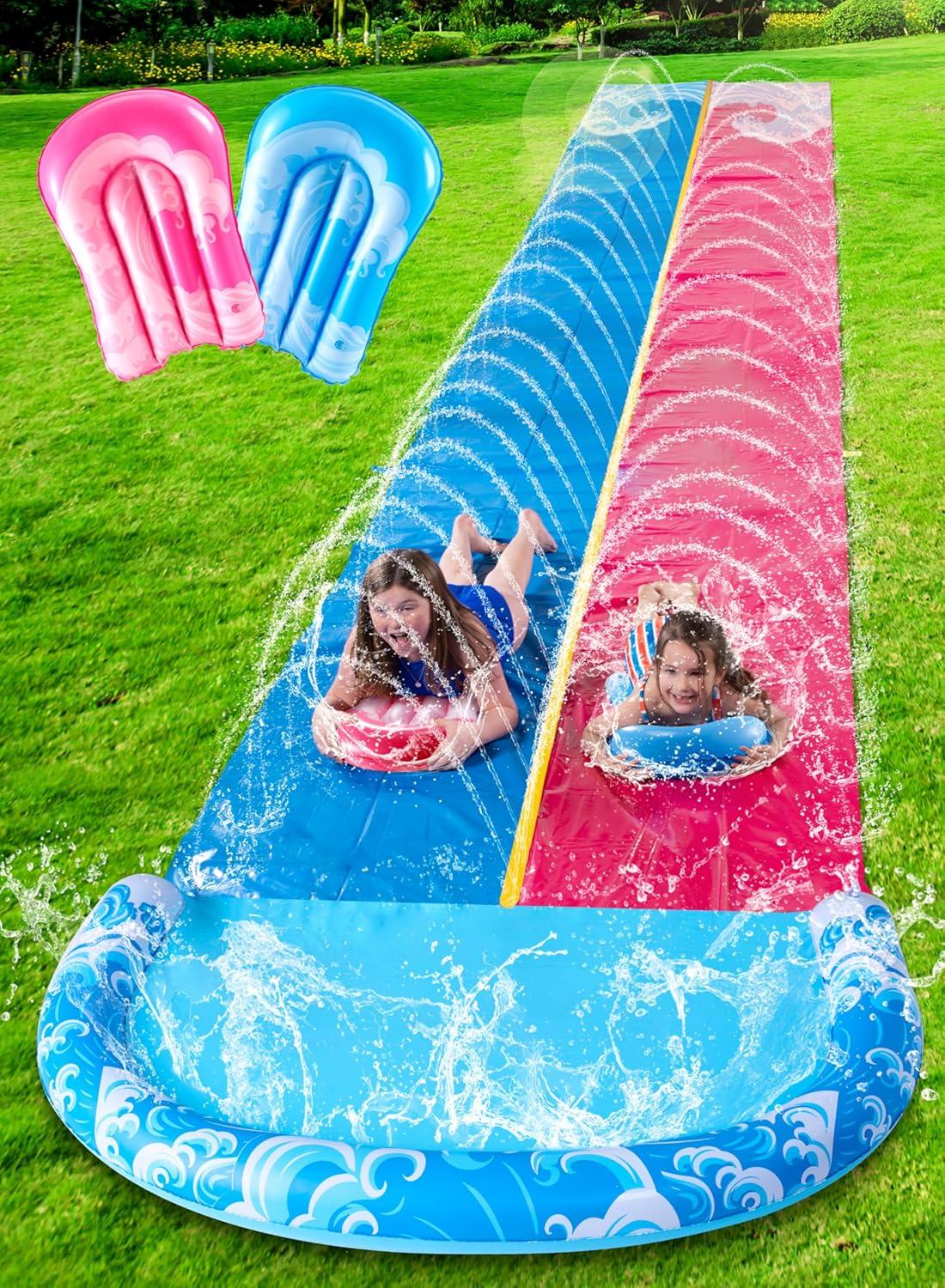 imageJOYIN 325FT Water Slide and 2 Inflatable Boards Extra Long Double Lawn Heavy Duty Splash Mat Pad with Sprinkler for Kids Adults Backyard Summer Water Toy Outdoor Fun Blue OrangeBlue Pink