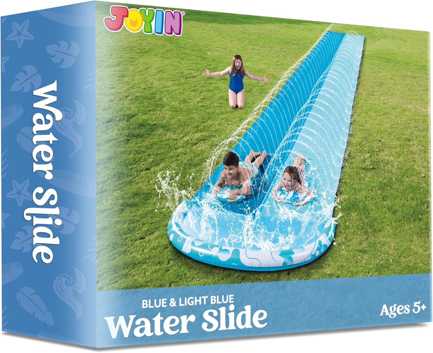 imageJOYIN 325FT Water Slide and 2 Inflatable Boards Extra Long Double Lawn Heavy Duty Splash Mat Pad with Sprinkler for Kids Adults Backyard Summer Water Toy Outdoor Fun Blue OrangeBlue Light Blue