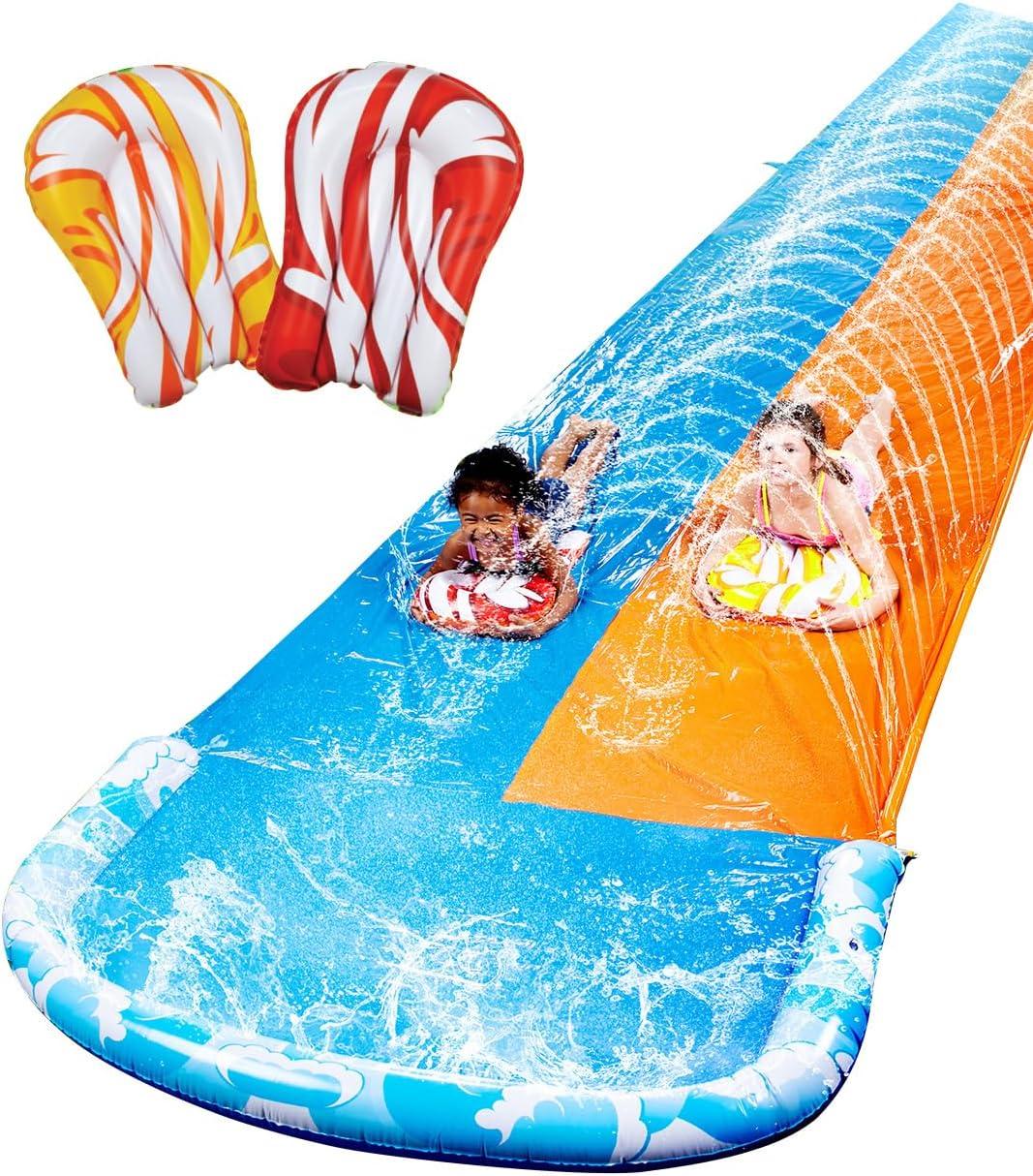 imageJOYIN 325FT Water Slide and 2 Inflatable Boards Extra Long Double Lawn Heavy Duty Splash Mat Pad with Sprinkler for Kids Adults Backyard Summer Water Toy Outdoor Fun Blue OrangeBlue Orange