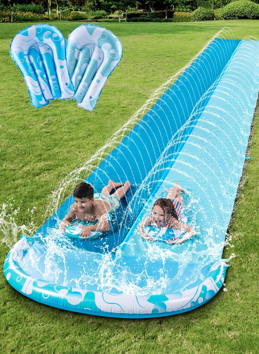 imageJOYIN 325FT Water Slide and 2 Inflatable Boards Extra Long Double Lawn Heavy Duty Splash Mat Pad with Sprinkler for Kids Adults Backyard Summer Water Toy Outdoor Fun Blue OrangeBlue Light Blue