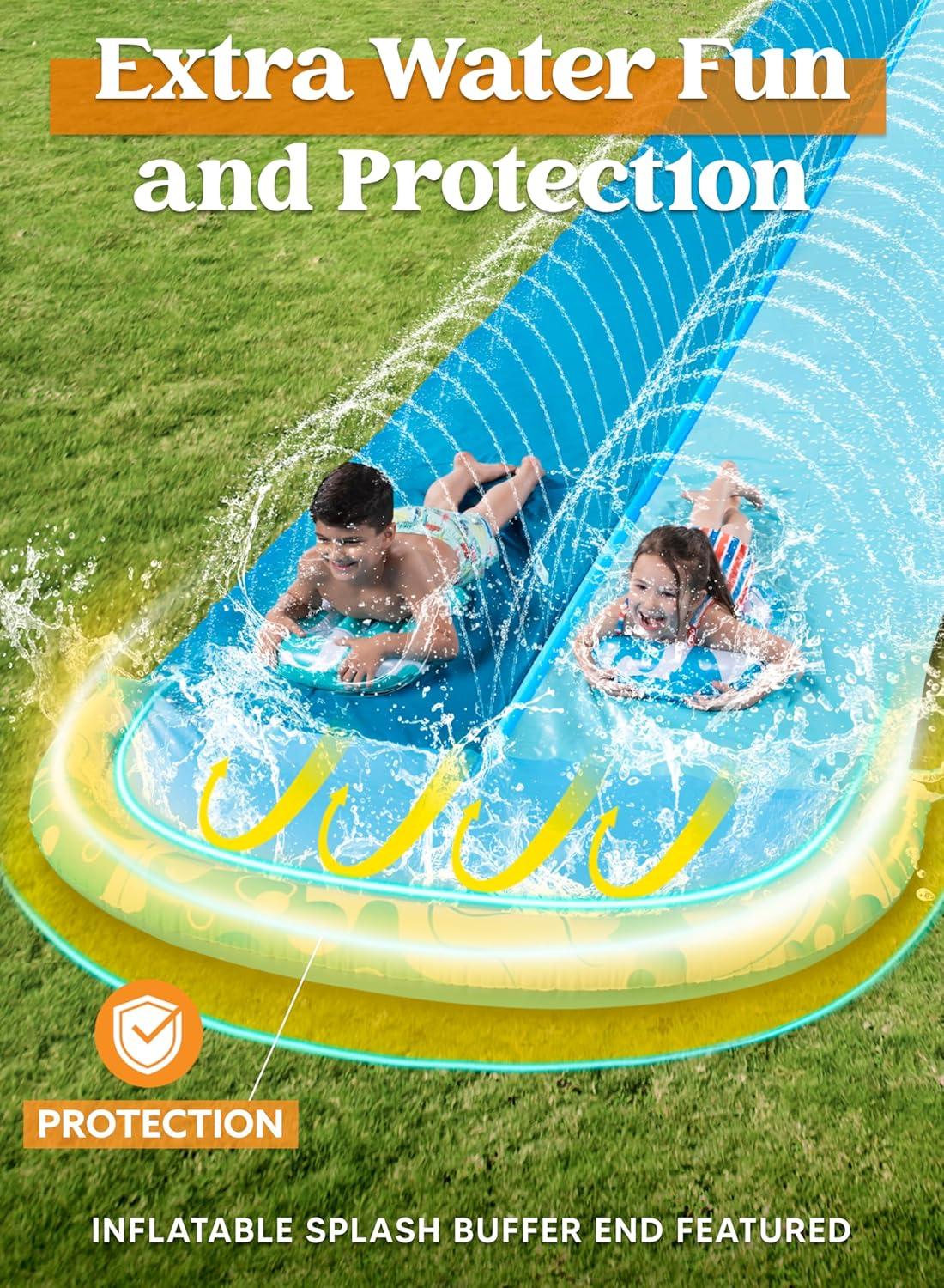 imageJOYIN 325FT Water Slide and 2 Inflatable Boards Extra Long Double Lawn Heavy Duty Splash Mat Pad with Sprinkler for Kids Adults Backyard Summer Water Toy Outdoor Fun Blue OrangeBlue Light Blue