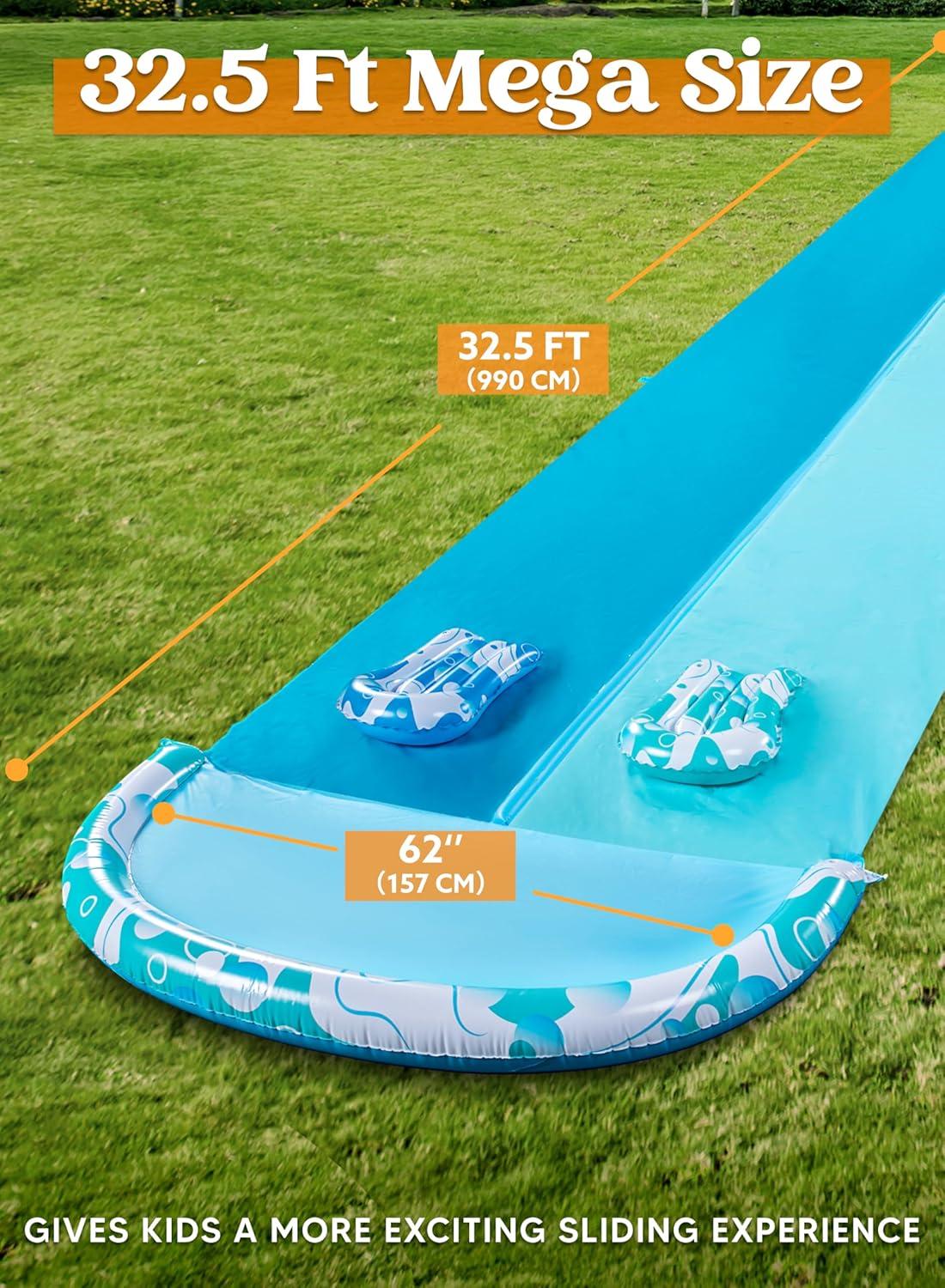 imageJOYIN 325FT Water Slide and 2 Inflatable Boards Extra Long Double Lawn Heavy Duty Splash Mat Pad with Sprinkler for Kids Adults Backyard Summer Water Toy Outdoor Fun Blue OrangeBlue Light Blue
