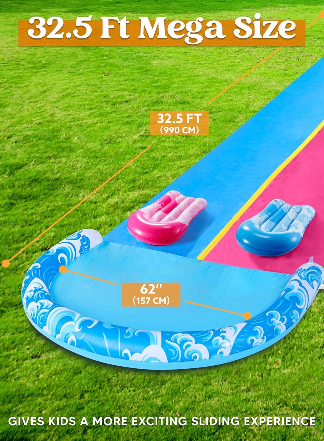 imageJOYIN 325FT Water Slide and 2 Inflatable Boards Extra Long Double Lawn Heavy Duty Splash Mat Pad with Sprinkler for Kids Adults Backyard Summer Water Toy Outdoor Fun Blue OrangeBlue Pink