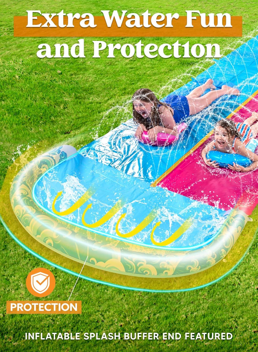 imageJOYIN 325FT Water Slide and 2 Inflatable Boards Extra Long Double Lawn Heavy Duty Splash Mat Pad with Sprinkler for Kids Adults Backyard Summer Water Toy Outdoor Fun Blue OrangeBlue Pink