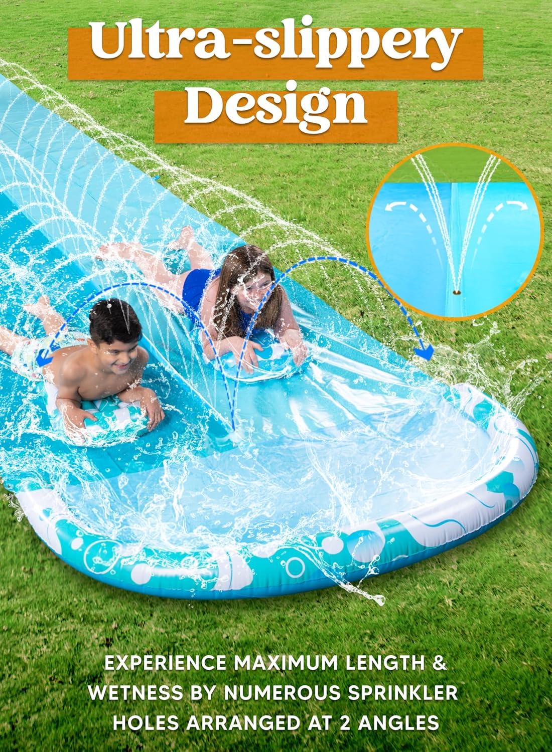 imageJOYIN 325FT Water Slide and 2 Inflatable Boards Extra Long Double Lawn Heavy Duty Splash Mat Pad with Sprinkler for Kids Adults Backyard Summer Water Toy Outdoor Fun Blue OrangeBlue Light Blue