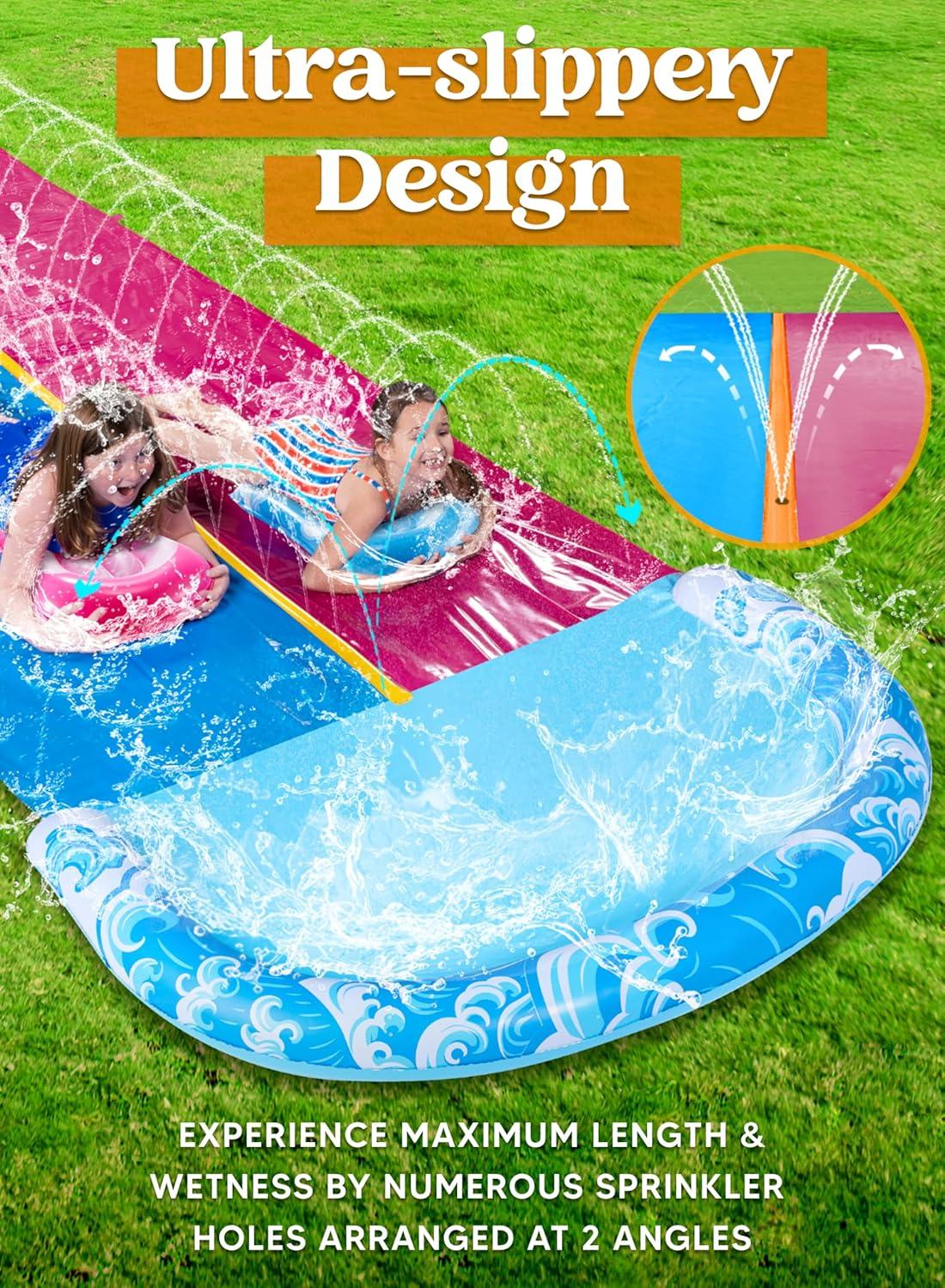 imageJOYIN 325FT Water Slide and 2 Inflatable Boards Extra Long Double Lawn Heavy Duty Splash Mat Pad with Sprinkler for Kids Adults Backyard Summer Water Toy Outdoor Fun Blue OrangeBlue Pink