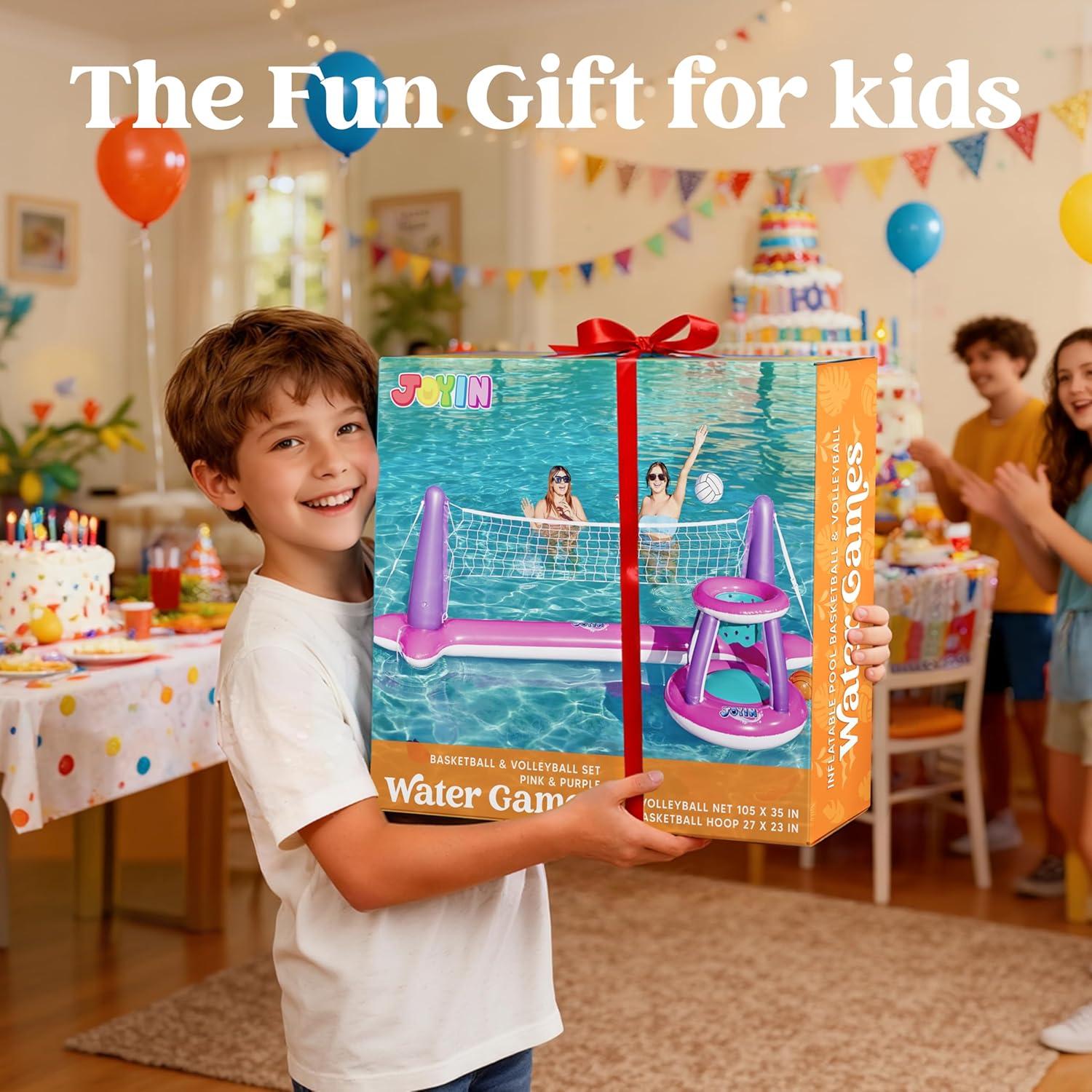 imageJOYIN Inflatable Pool Float Set Volleyball Net amp Basketball Hoops Floating Swimming Game Toy for Kids and Adults Summer Floaties Volleyball Court 105x28x38Basketball 276x23LOrangePink Purple