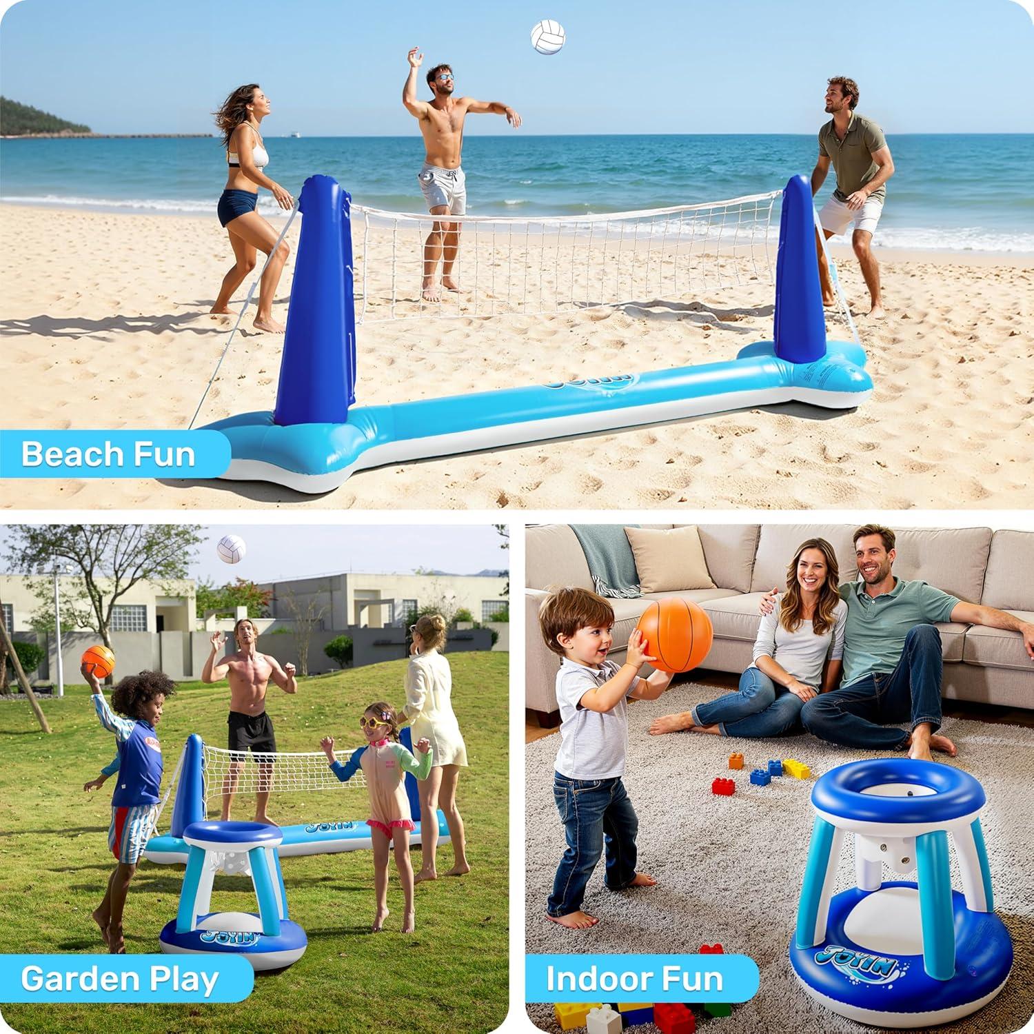 imageJOYIN Inflatable Pool Float Set Volleyball Net amp Basketball Hoops Floating Swimming Game Toy for Kids and Adults Summer Floaties Volleyball Court 105x28x38Basketball 276x23LOrangeDark Blue