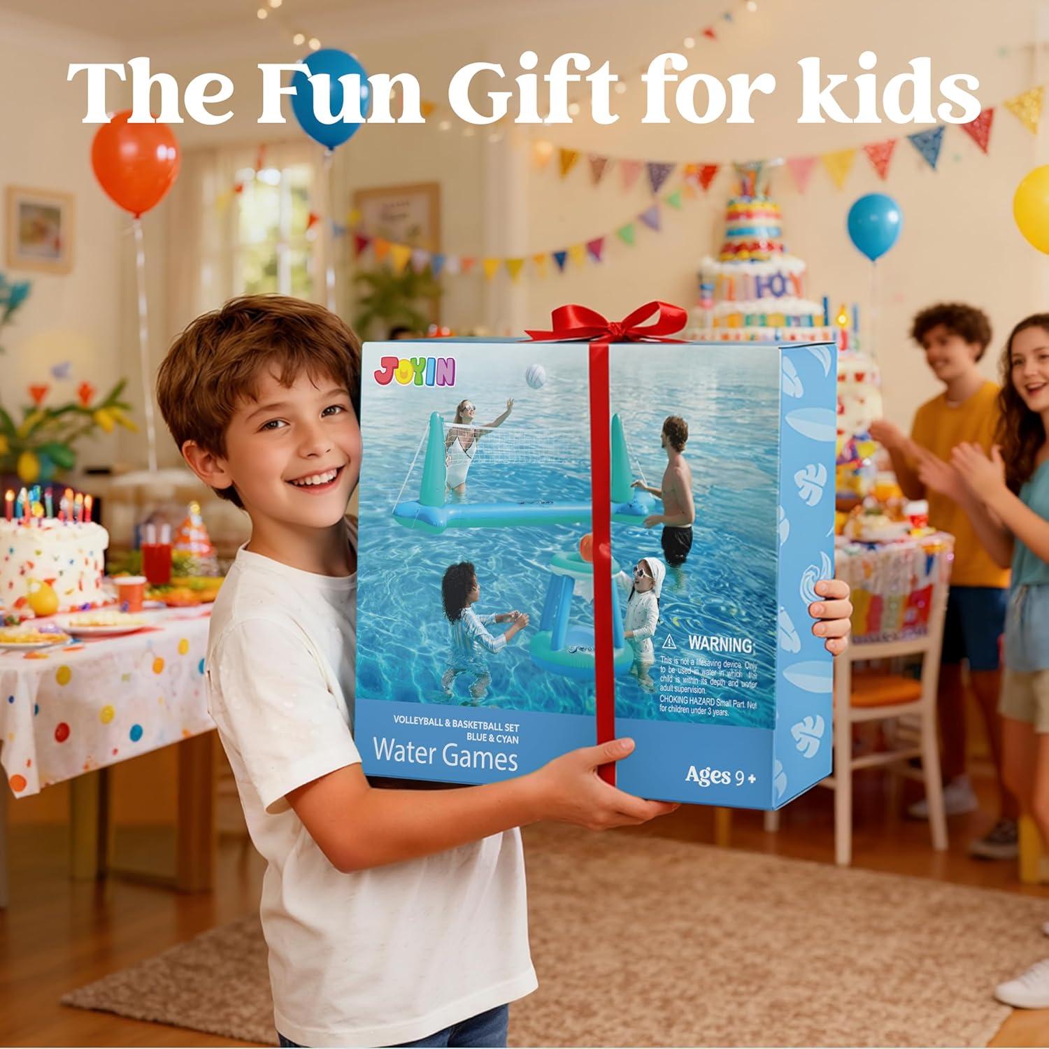 imageJOYIN Inflatable Pool Float Set Volleyball Net amp Basketball Hoops Floating Swimming Game Toy for Kids and Adults Summer Floaties Volleyball Court 105x28x38Basketball 276x23LOrangeBlue Cyan