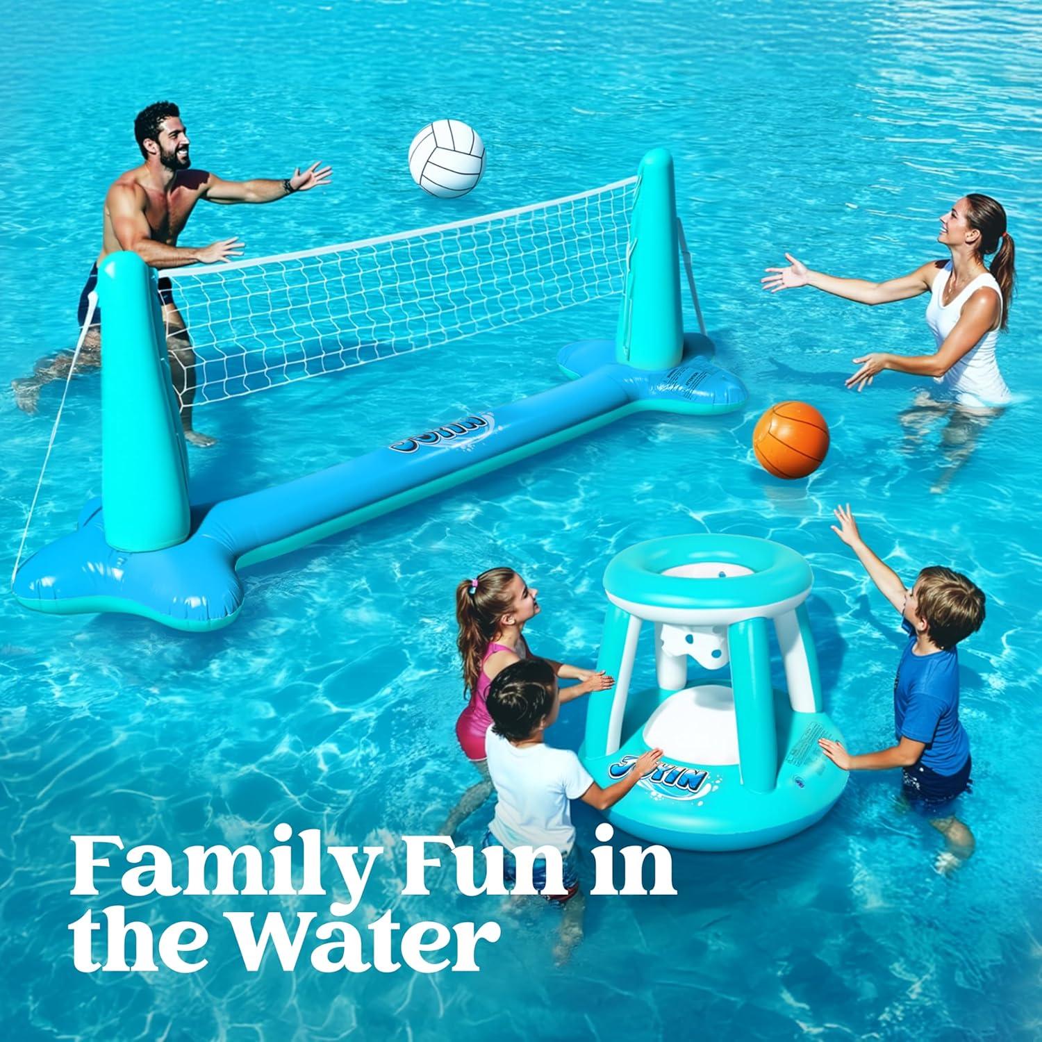 imageJOYIN Inflatable Pool Float Set Volleyball Net amp Basketball Hoops Floating Swimming Game Toy for Kids and Adults Summer Floaties Volleyball Court 105x28x38Basketball 276x23LOrangeBlue Cyan