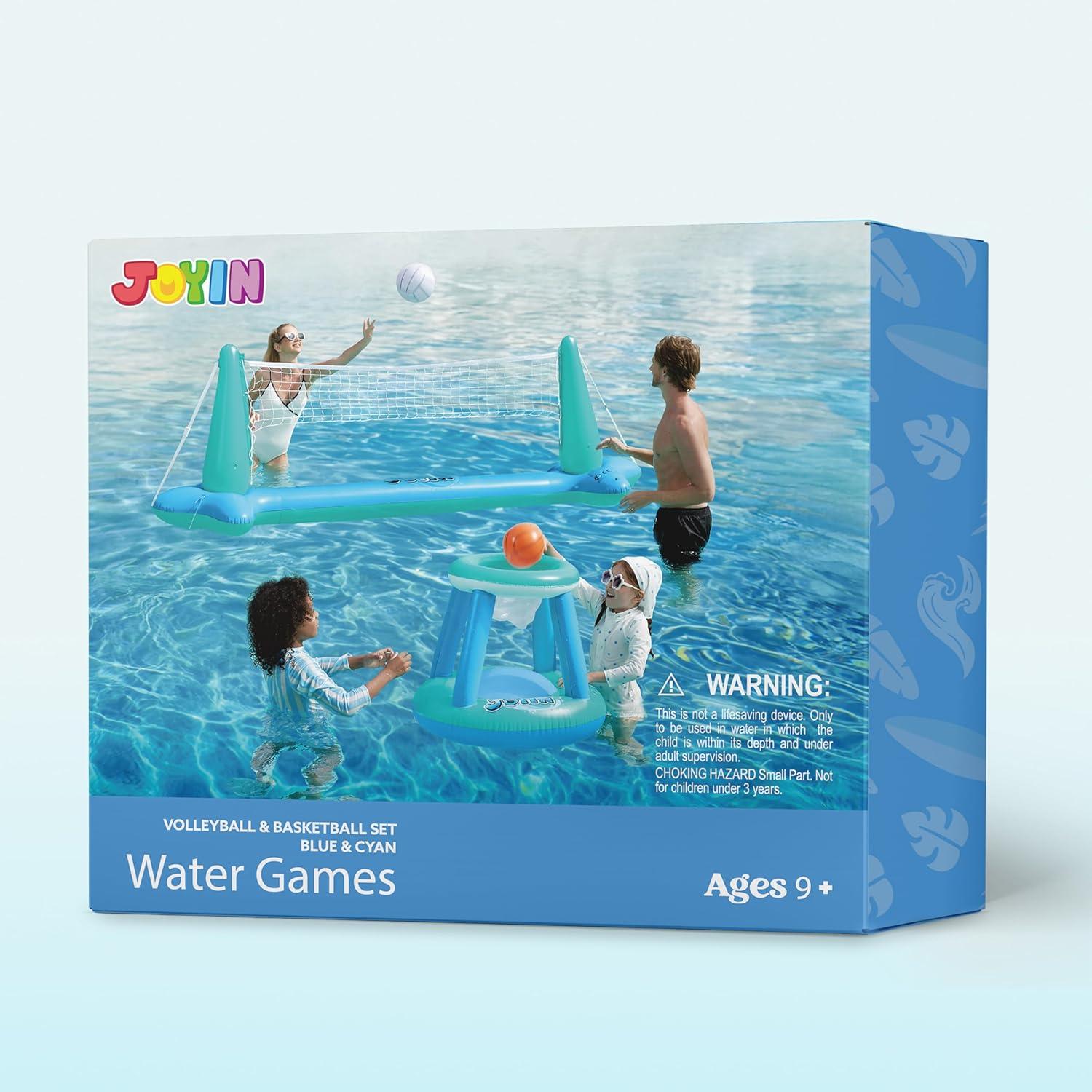 imageJOYIN Inflatable Pool Float Set Volleyball Net amp Basketball Hoops Floating Swimming Game Toy for Kids and Adults Summer Floaties Volleyball Court 105x28x38Basketball 276x23LOrangeBlue Cyan