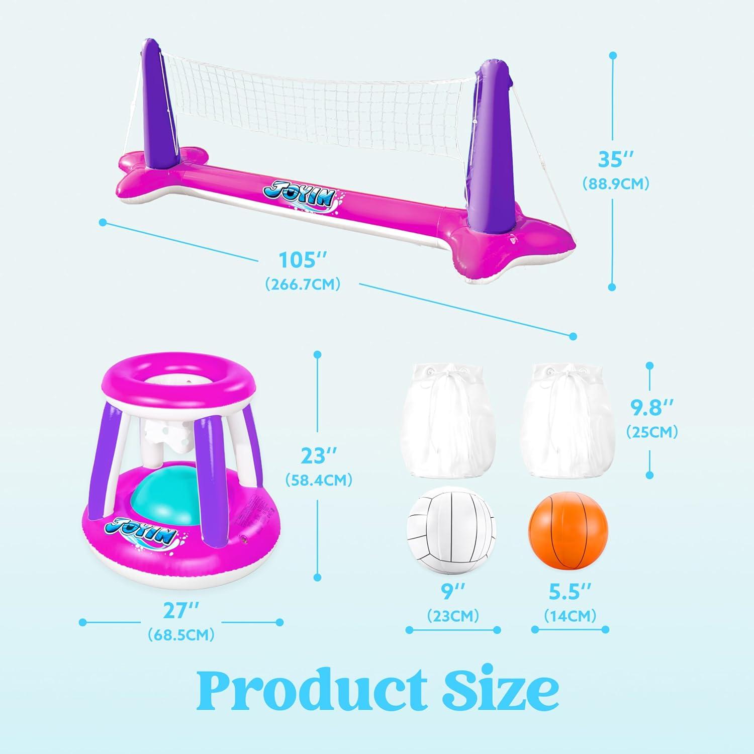 imageJOYIN Inflatable Pool Float Set Volleyball Net amp Basketball Hoops Floating Swimming Game Toy for Kids and Adults Summer Floaties Volleyball Court 105x28x38Basketball 276x23LOrangePink Purple