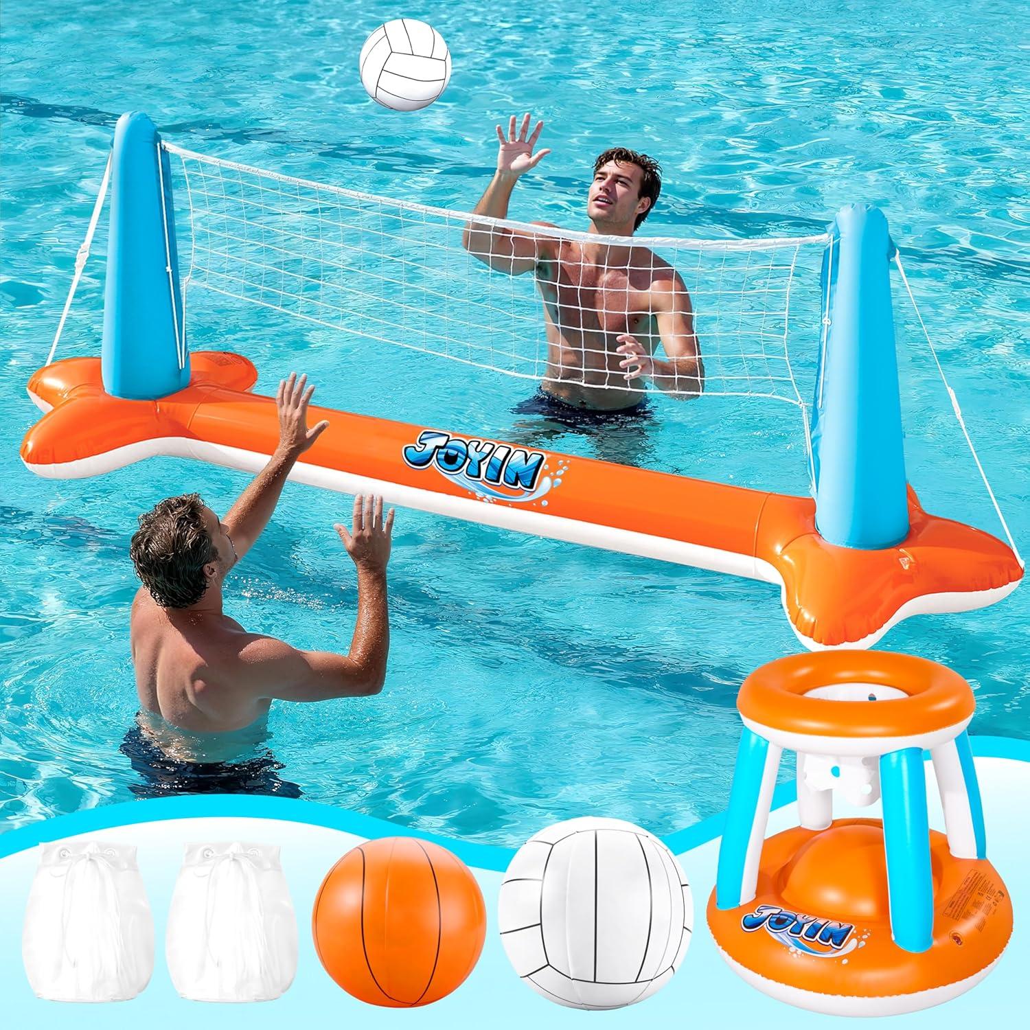 imageJOYIN Inflatable Pool Float Set Volleyball Net amp Basketball Hoops Floating Swimming Game Toy for Kids and Adults Summer Floaties Volleyball Court 105x28x38Basketball 276x23LOrangeOrange