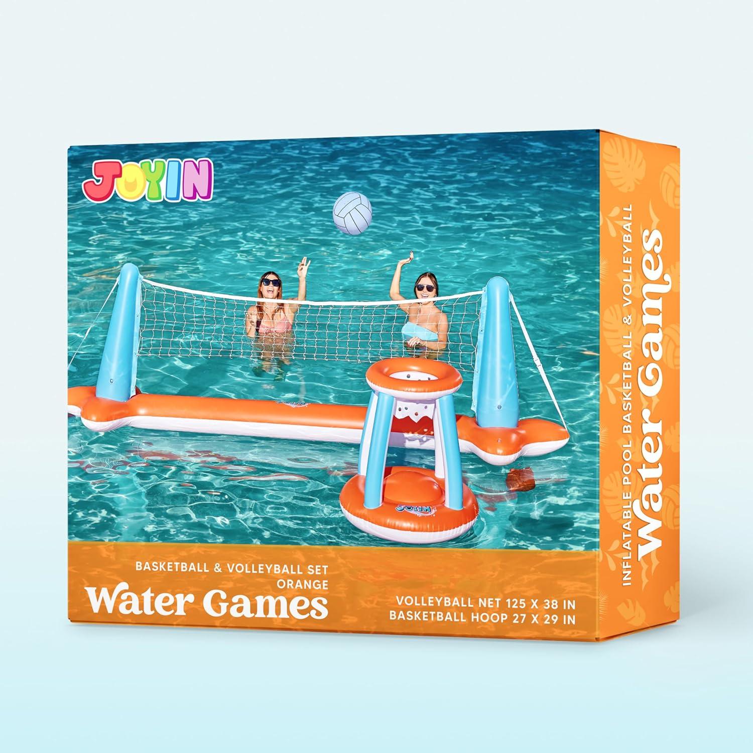 imageJOYIN Inflatable Pool Float Set Volleyball Net amp Basketball Hoops Floating Swimming Game Toy for Kids and Adults Summer Floaties Volleyball Court 105x28x38Basketball 276x23LOrangeOrange
