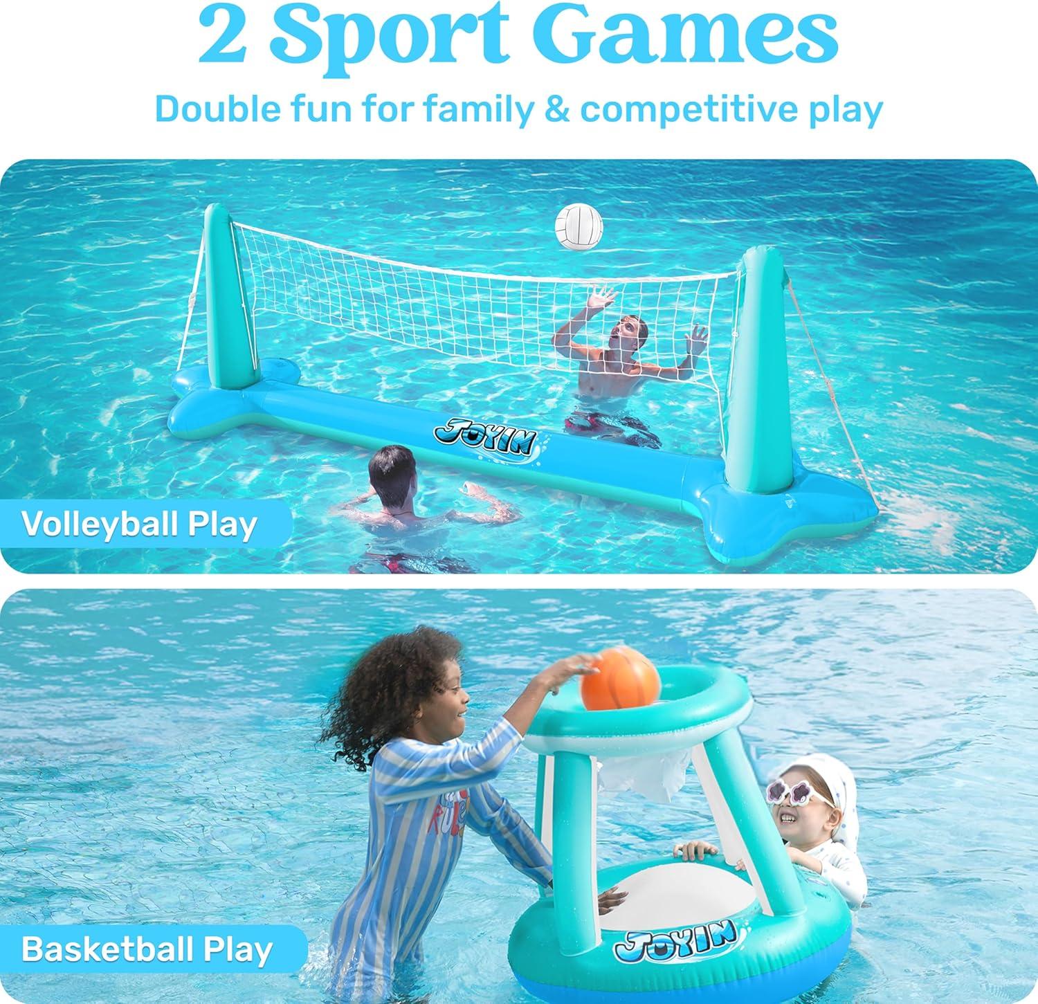 imageJOYIN Inflatable Pool Float Set Volleyball Net amp Basketball Hoops Floating Swimming Game Toy for Kids and Adults Summer Floaties Volleyball Court 105x28x38Basketball 276x23LOrangeBlue Cyan