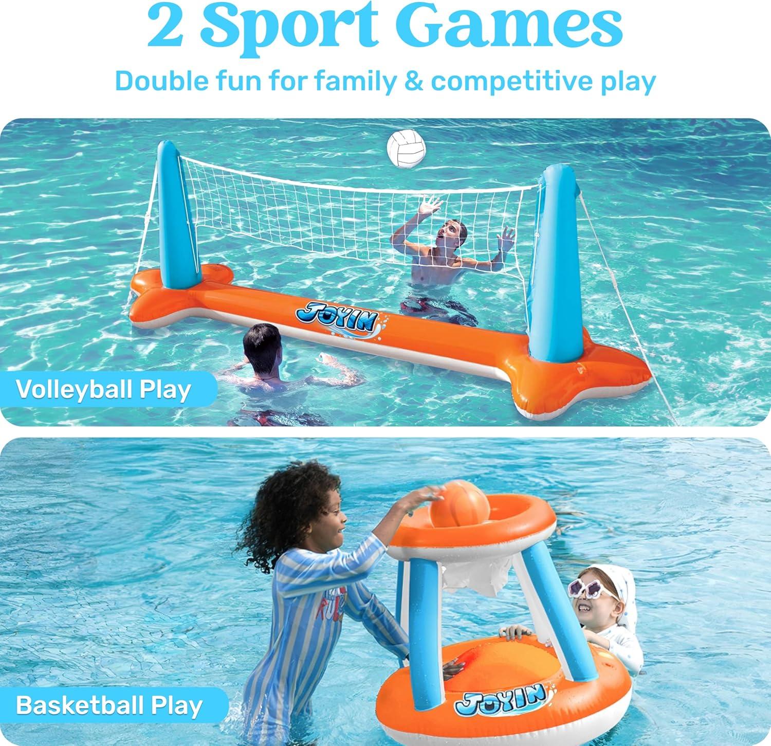 imageJOYIN Inflatable Pool Float Set Volleyball Net amp Basketball Hoops Floating Swimming Game Toy for Kids and Adults Summer Floaties Volleyball Court 105x28x38Basketball 276x23LOrangeOrange