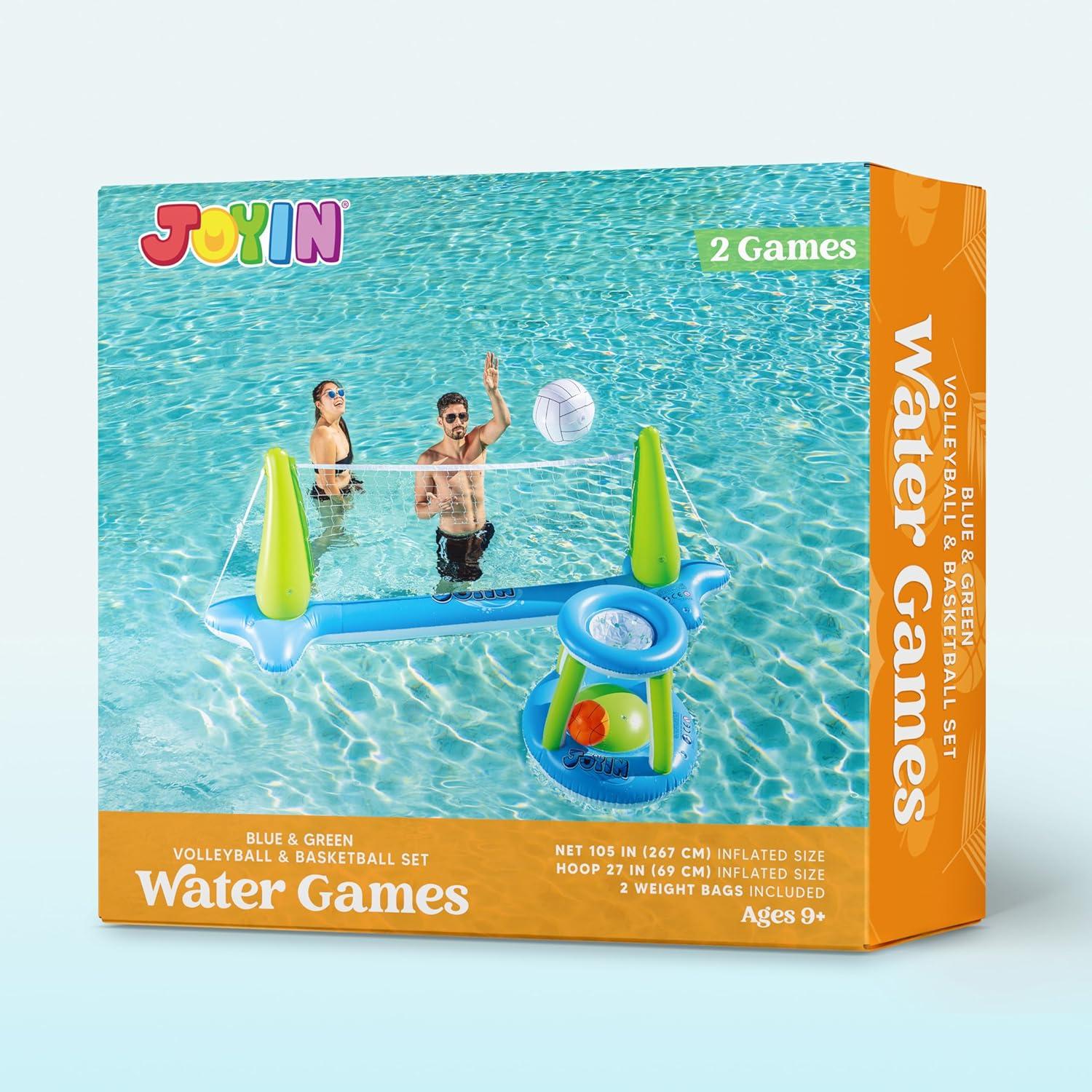 imageJOYIN Inflatable Pool Float Set Volleyball Net amp Basketball Hoops Floating Swimming Game Toy for Kids and Adults Summer Floaties Volleyball Court 105x28x38Basketball 276x23LOrangeGreen Blue