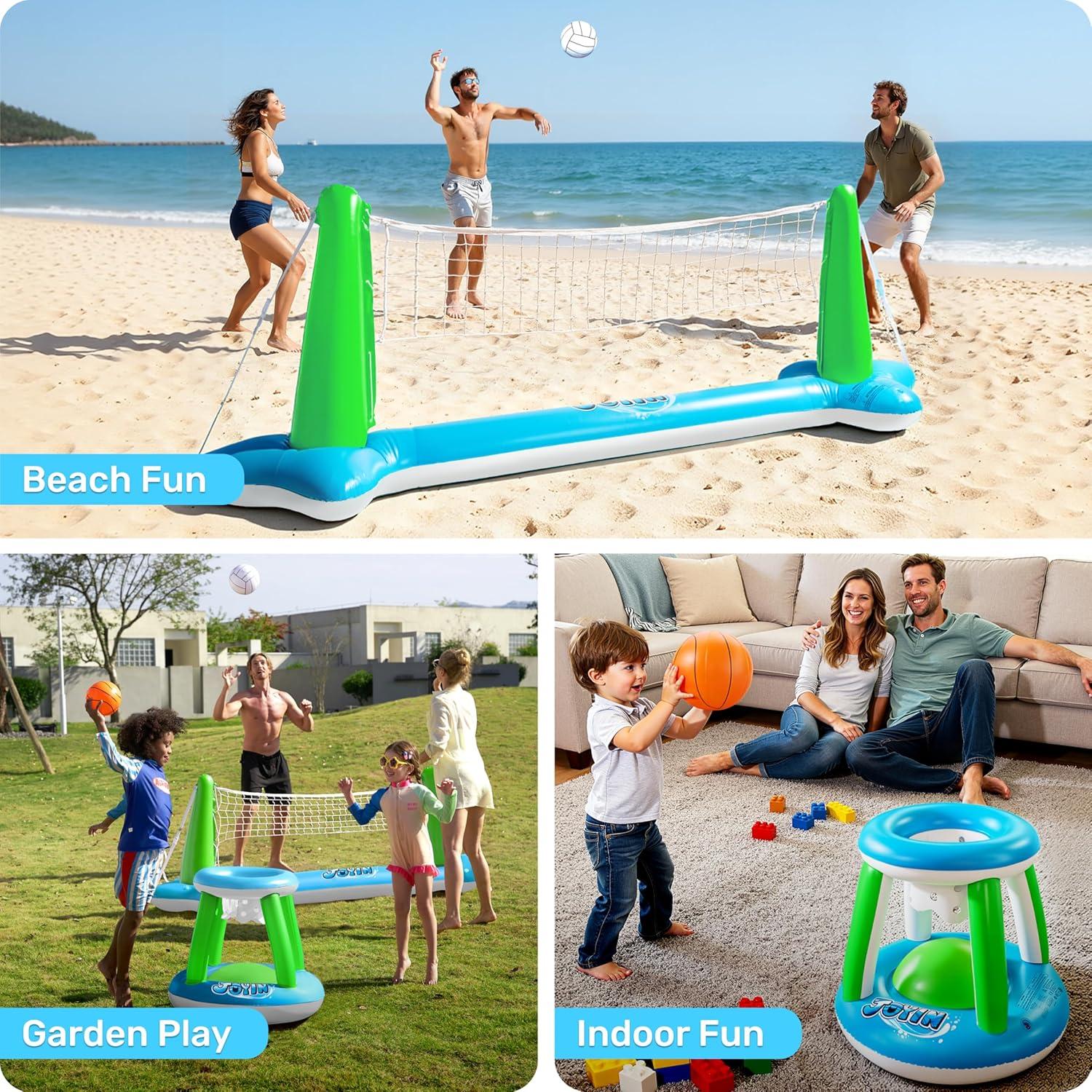 imageJOYIN Inflatable Pool Float Set Volleyball Net amp Basketball Hoops Floating Swimming Game Toy for Kids and Adults Summer Floaties Volleyball Court 105x28x38Basketball 276x23LOrangeGreen Blue