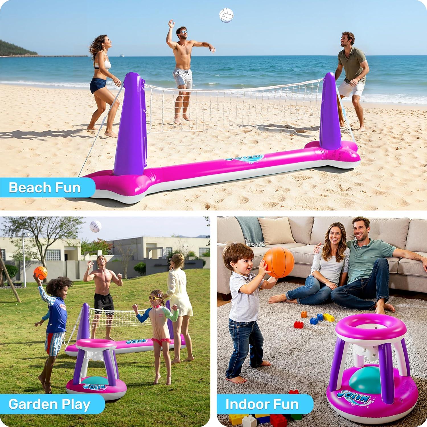 imageJOYIN Inflatable Pool Float Set Volleyball Net amp Basketball Hoops Floating Swimming Game Toy for Kids and Adults Summer Floaties Volleyball Court 105x28x38Basketball 276x23LOrangePink Purple