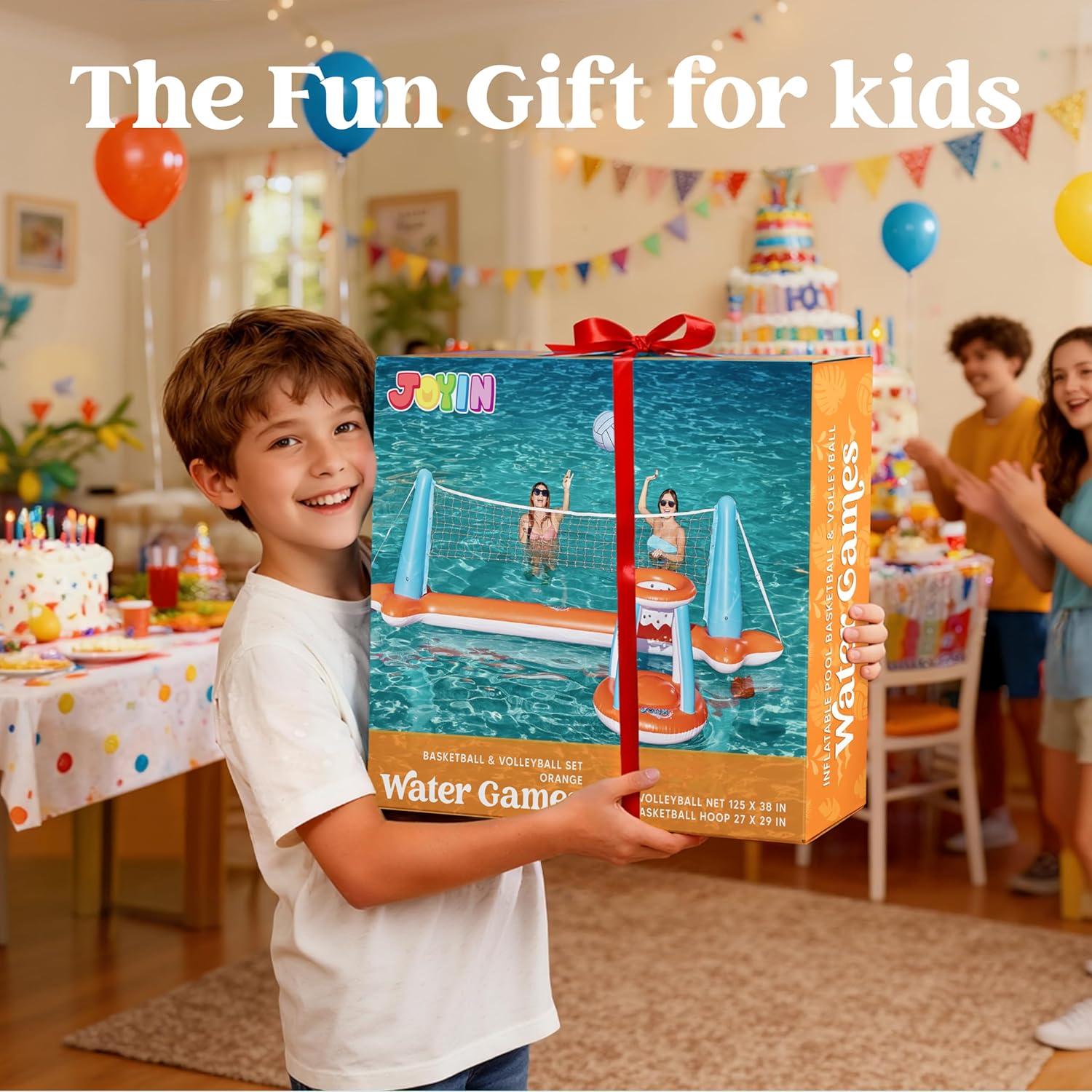 imageJOYIN Inflatable Pool Float Set Volleyball Net amp Basketball Hoops Floating Swimming Game Toy for Kids and Adults Summer Floaties Volleyball Court 105x28x38Basketball 276x23LOrangeOrange