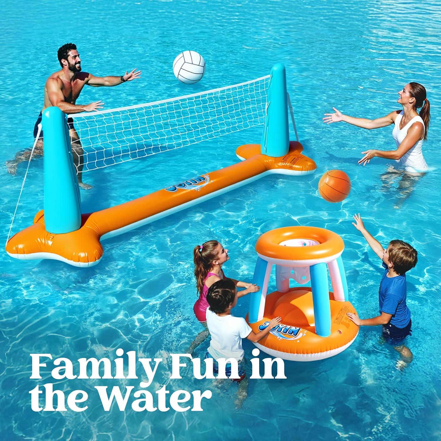imageJOYIN Inflatable Pool Float Set Volleyball Net amp Basketball Hoops Floating Swimming Game Toy for Kids and Adults Summer Floaties Volleyball Court 105x28x38Basketball 276x23LOrangeOrange