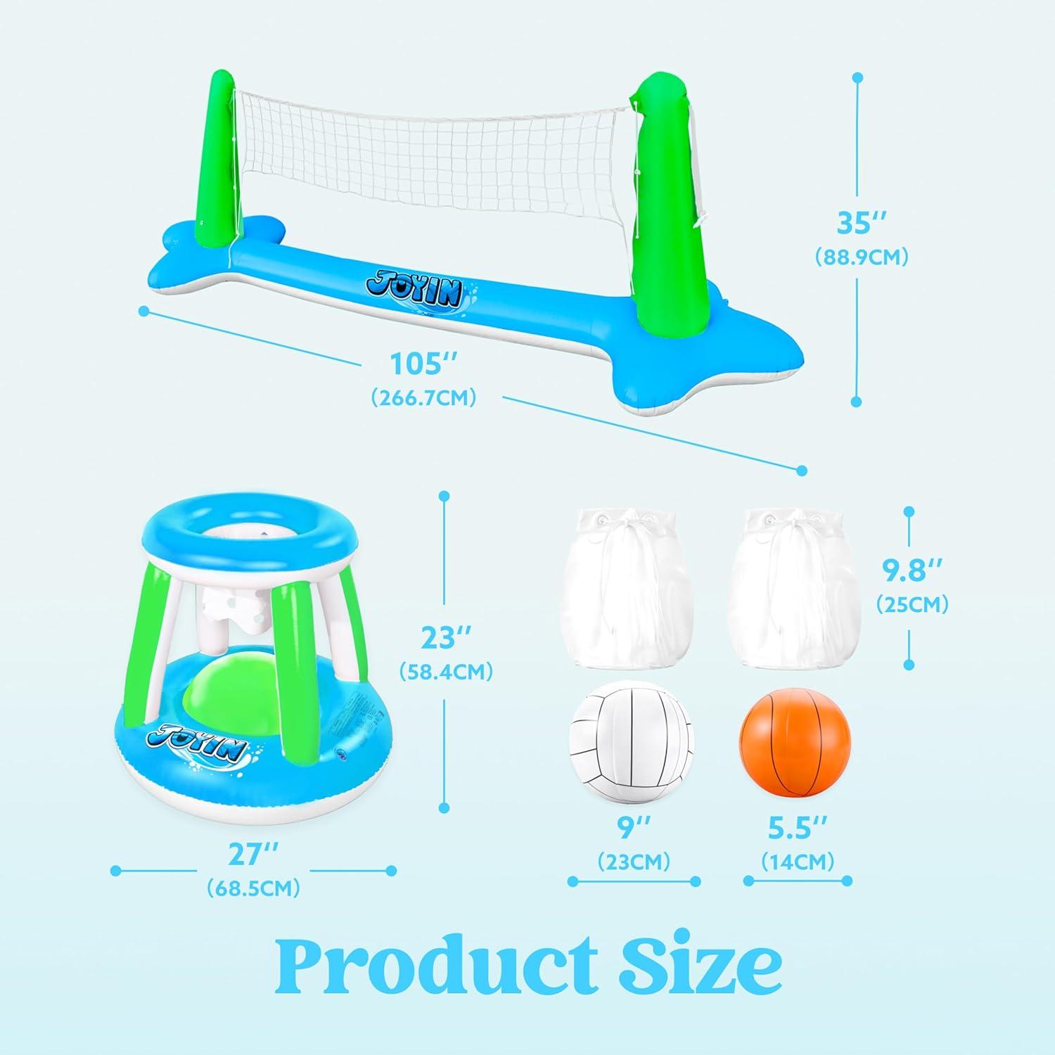 imageJOYIN Inflatable Pool Float Set Volleyball Net amp Basketball Hoops Floating Swimming Game Toy for Kids and Adults Summer Floaties Volleyball Court 105x28x38Basketball 276x23LOrangeGreen Blue
