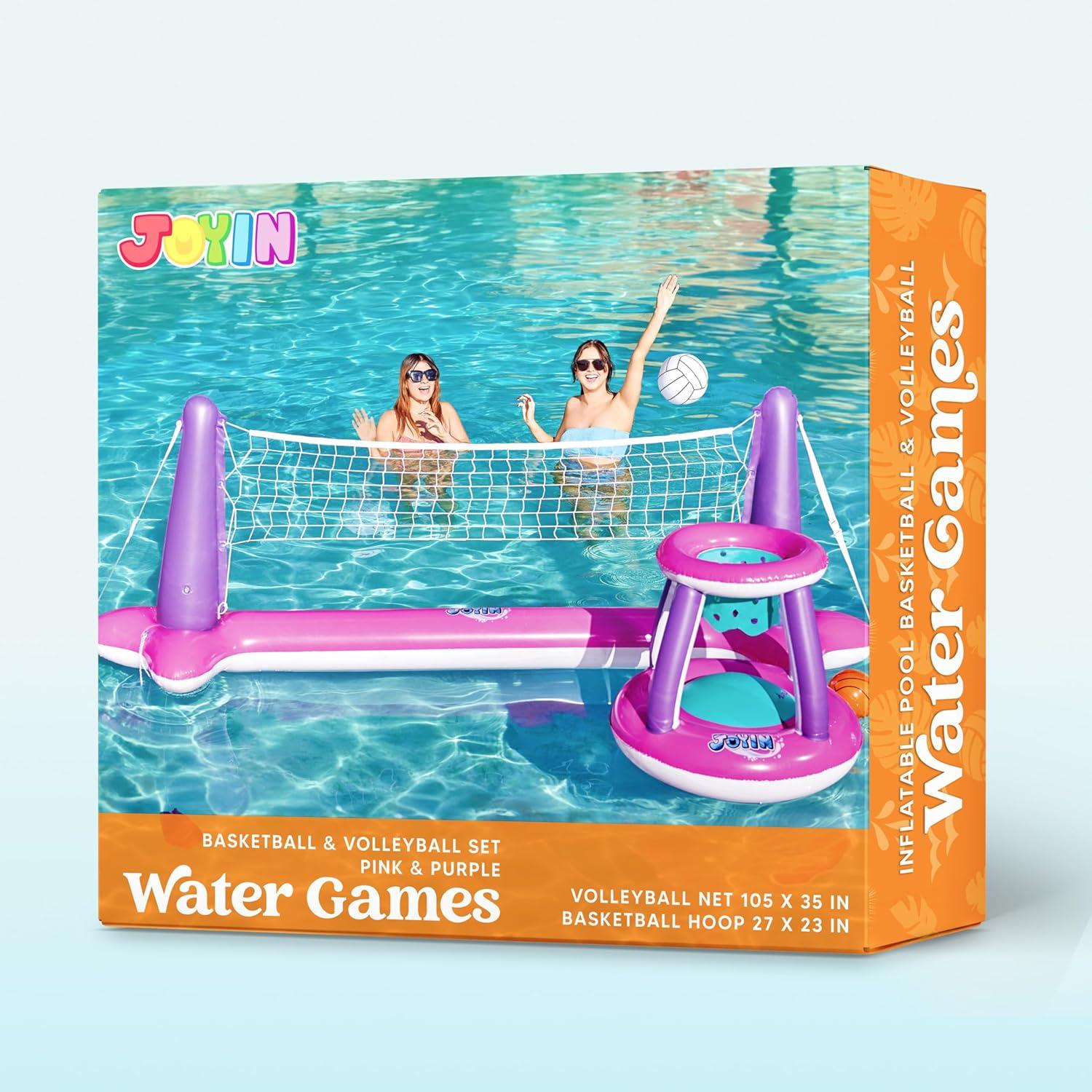imageJOYIN Inflatable Pool Float Set Volleyball Net amp Basketball Hoops Floating Swimming Game Toy for Kids and Adults Summer Floaties Volleyball Court 105x28x38Basketball 276x23LOrangePink Purple