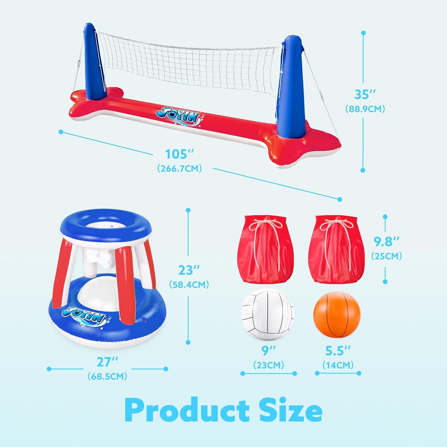 imageJOYIN Inflatable Pool Float Set Volleyball Net amp Basketball Hoops Floating Swimming Game Toy for Kids and Adults Summer Floaties Volleyball Court 105x28x38Basketball 276x23LOrangeRed