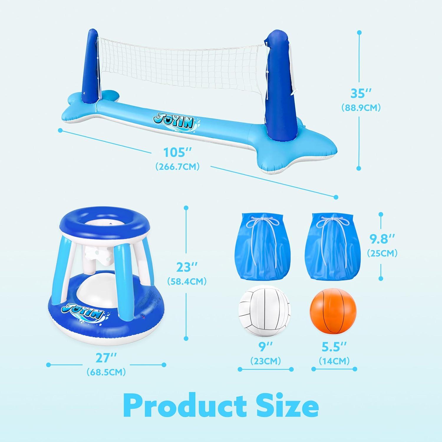 imageJOYIN Inflatable Pool Float Set Volleyball Net amp Basketball Hoops Floating Swimming Game Toy for Kids and Adults Summer Floaties Volleyball Court 105x28x38Basketball 276x23LOrangeDark Blue