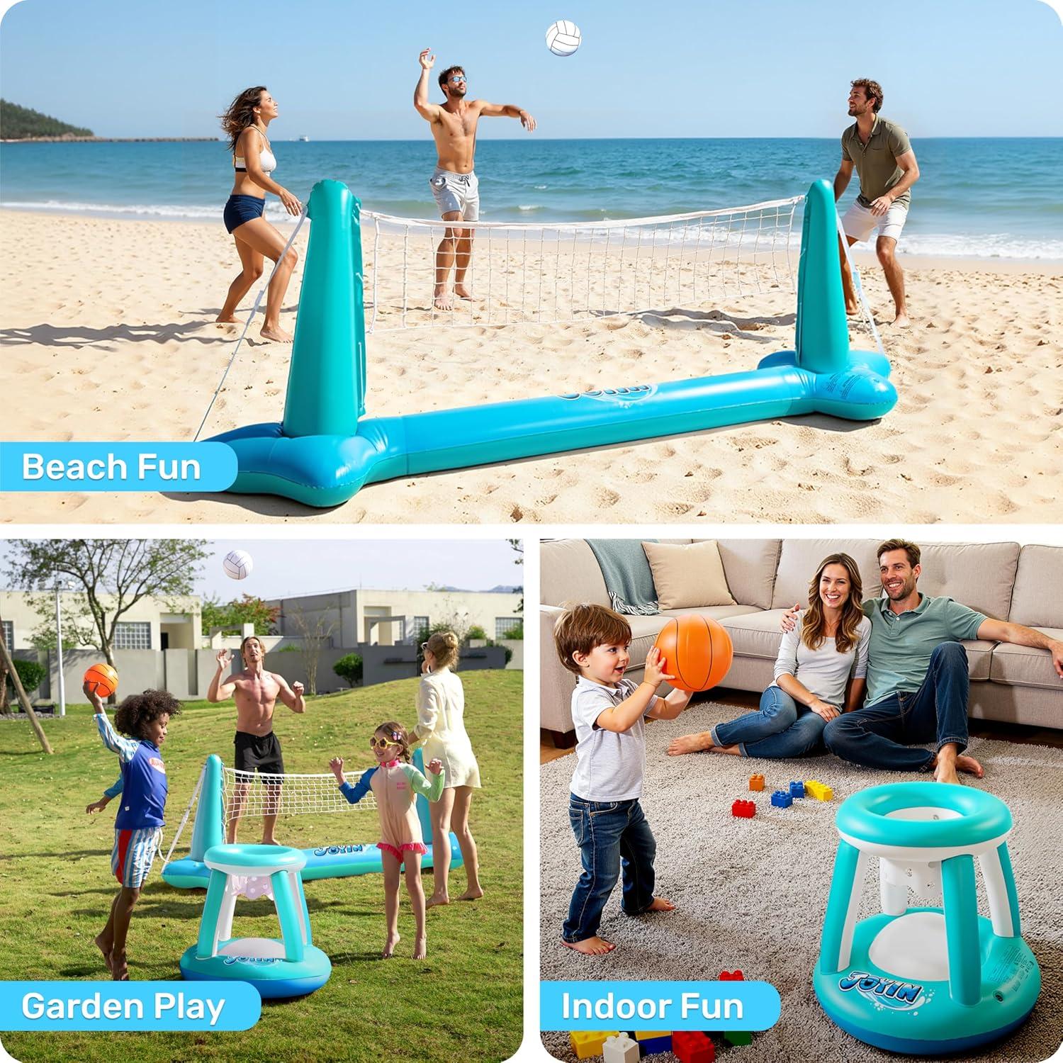 imageJOYIN Inflatable Pool Float Set Volleyball Net amp Basketball Hoops Floating Swimming Game Toy for Kids and Adults Summer Floaties Volleyball Court 105x28x38Basketball 276x23LOrangeBlue Cyan