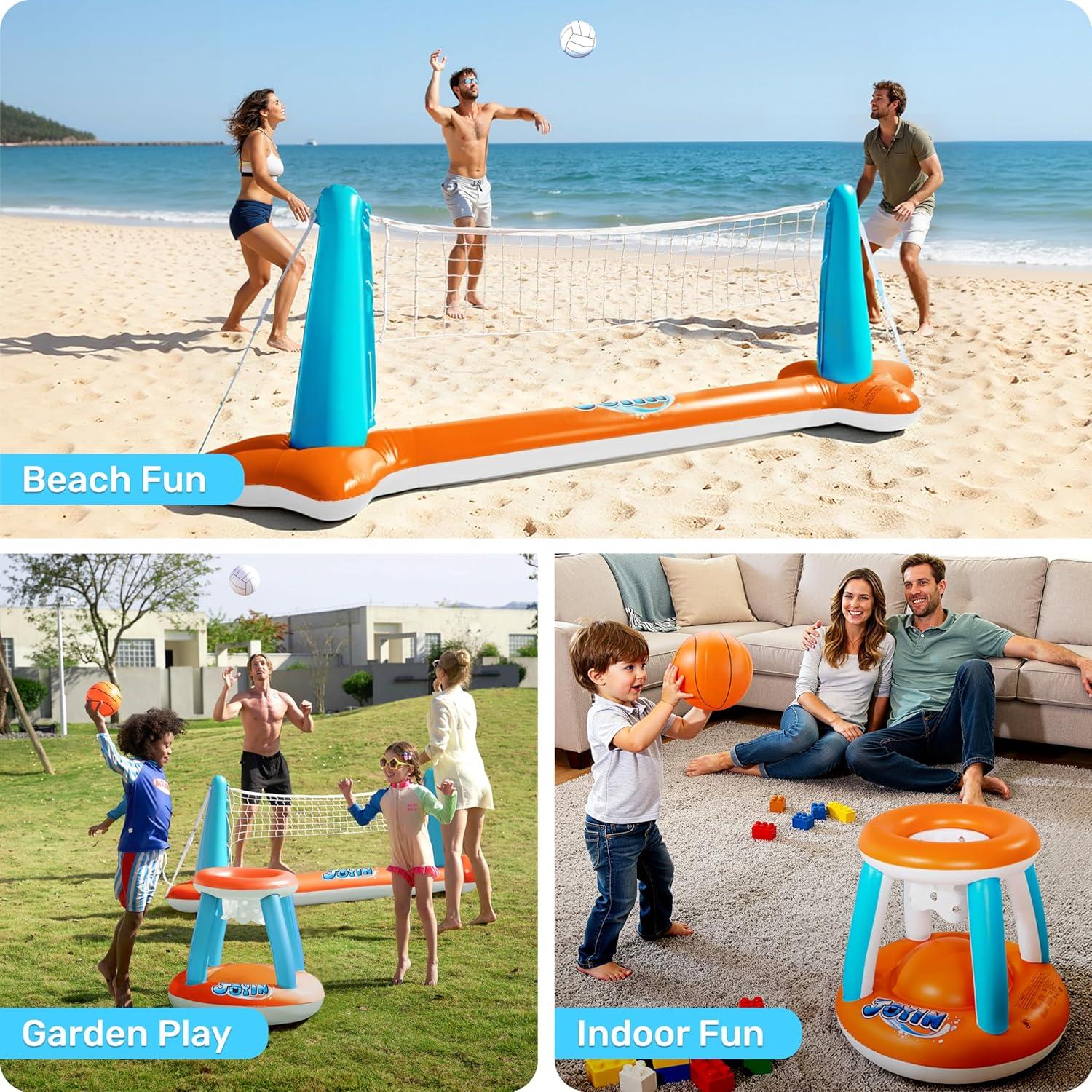 imageJOYIN Inflatable Pool Float Set Volleyball Net amp Basketball Hoops Floating Swimming Game Toy for Kids and Adults Summer Floaties Volleyball Court 105x28x38Basketball 276x23LOrangeOrange