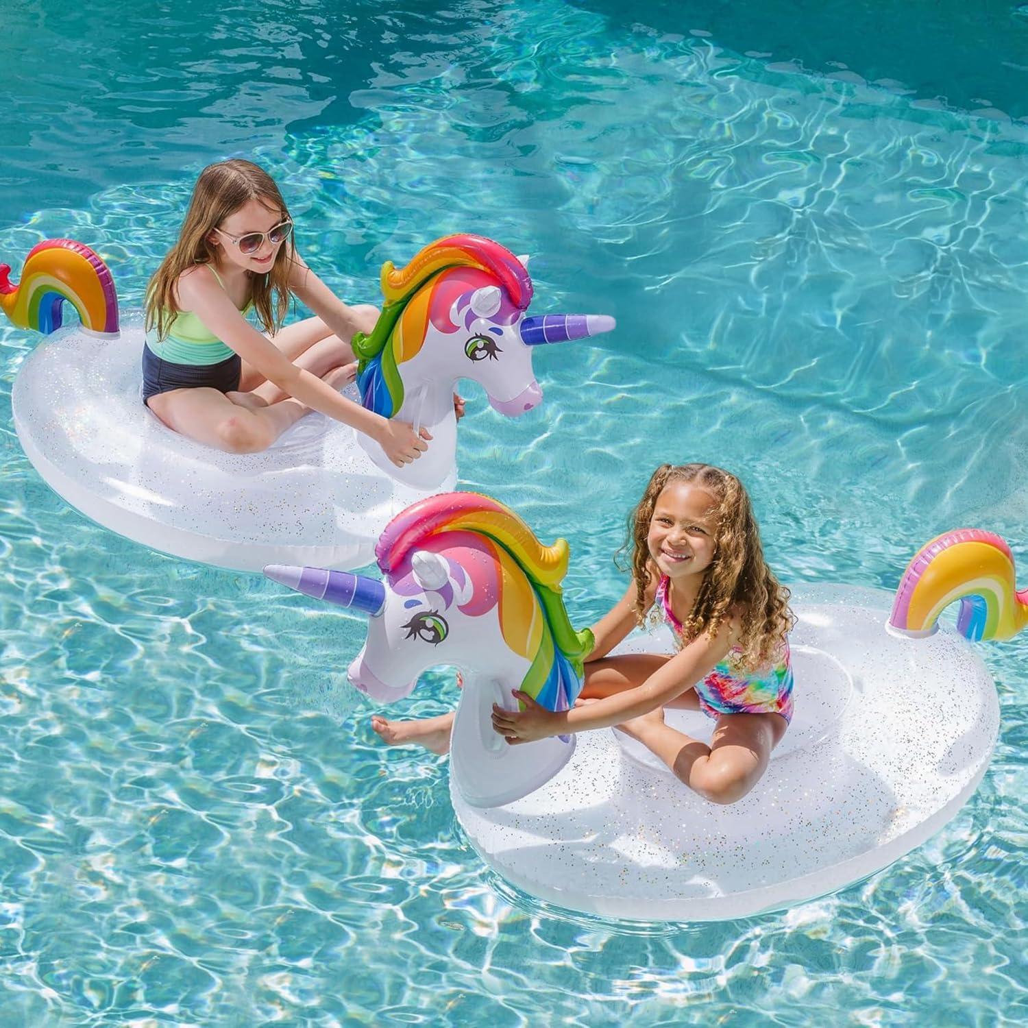 imageJOYIN Unicorn Pool Float Kids Inflatable Rainbow Unicorn Floaty with Glitters Fun Floats Ride On Beach Lake Floaties Raft Lounge Party in Summer Decorations Pool Toys for Kids