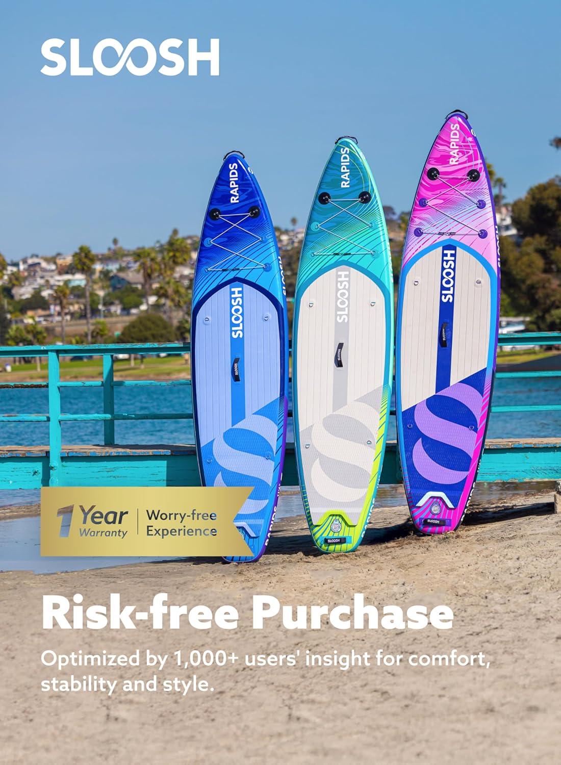 imageSLOOSH Inflatable Stand Up Paddle Board 116 Inflatable Paddle Boards with Premium Accessories NonSlip EVA Deck UltraLight Carry Bag Pump Rapids SUP for Youth amp AdultsFuchsia Tide