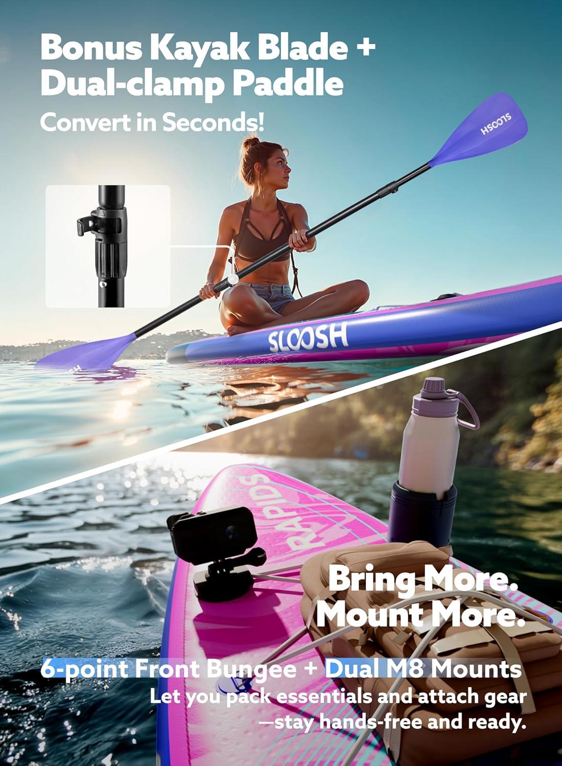 imageSLOOSH Inflatable Stand Up Paddle Board 116 Inflatable Paddle Boards with Premium Accessories NonSlip EVA Deck UltraLight Carry Bag Pump Rapids SUP for Youth amp AdultsFuchsia Tide