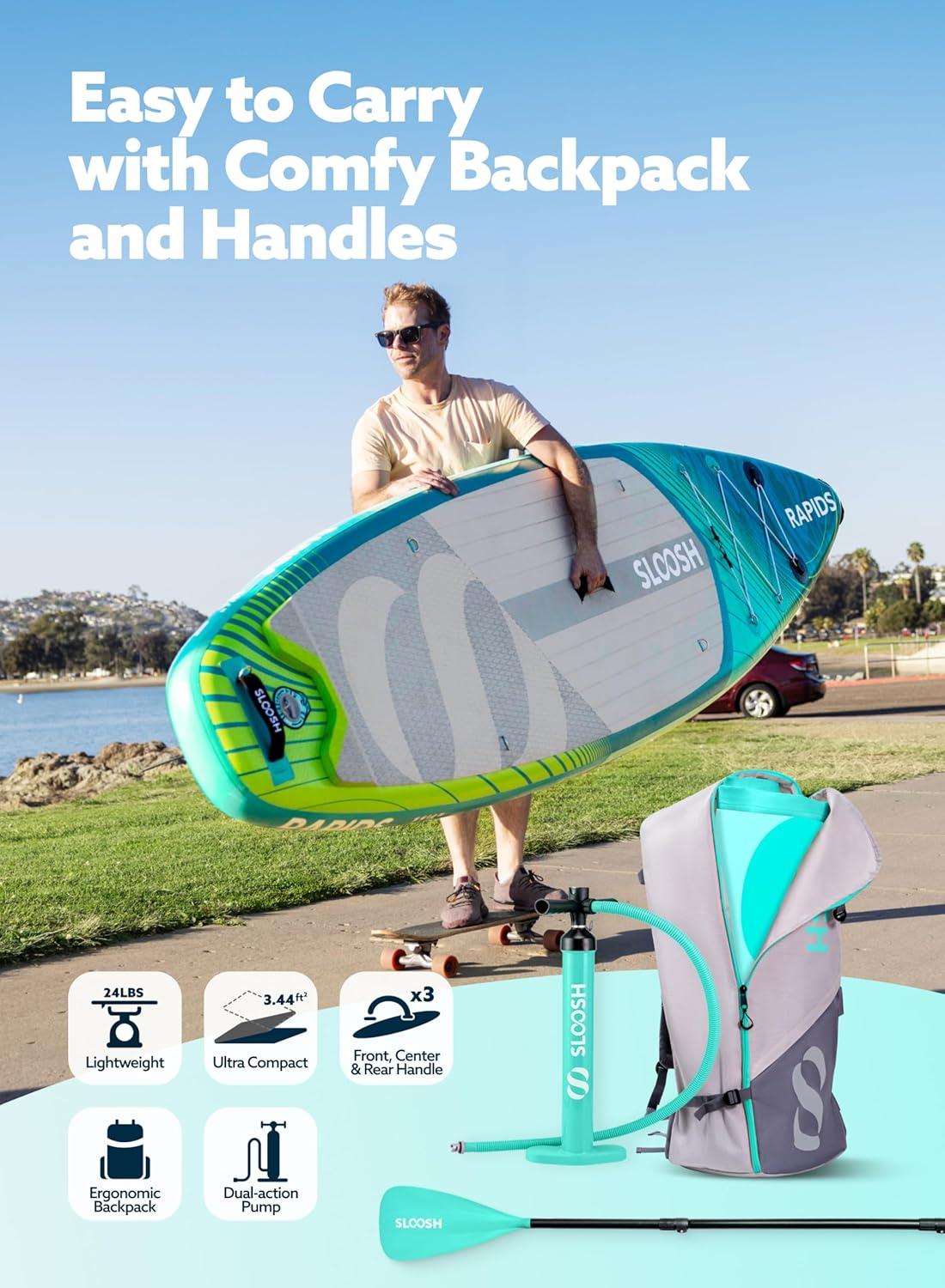 imageSLOOSH Inflatable Stand Up Paddle Board 116 Inflatable Paddle Boards with Premium Accessories NonSlip EVA Deck UltraLight Carry Bag Pump Rapids SUP for Youth amp AdultsAqua Surge