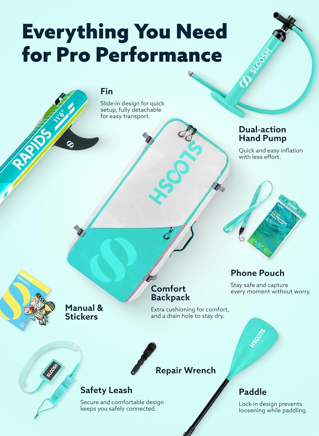 imageSLOOSH Inflatable Stand Up Paddle Board 116 Inflatable Paddle Boards with Premium Accessories NonSlip EVA Deck UltraLight Carry Bag Pump Rapids SUP for Youth amp AdultsAqua Surge