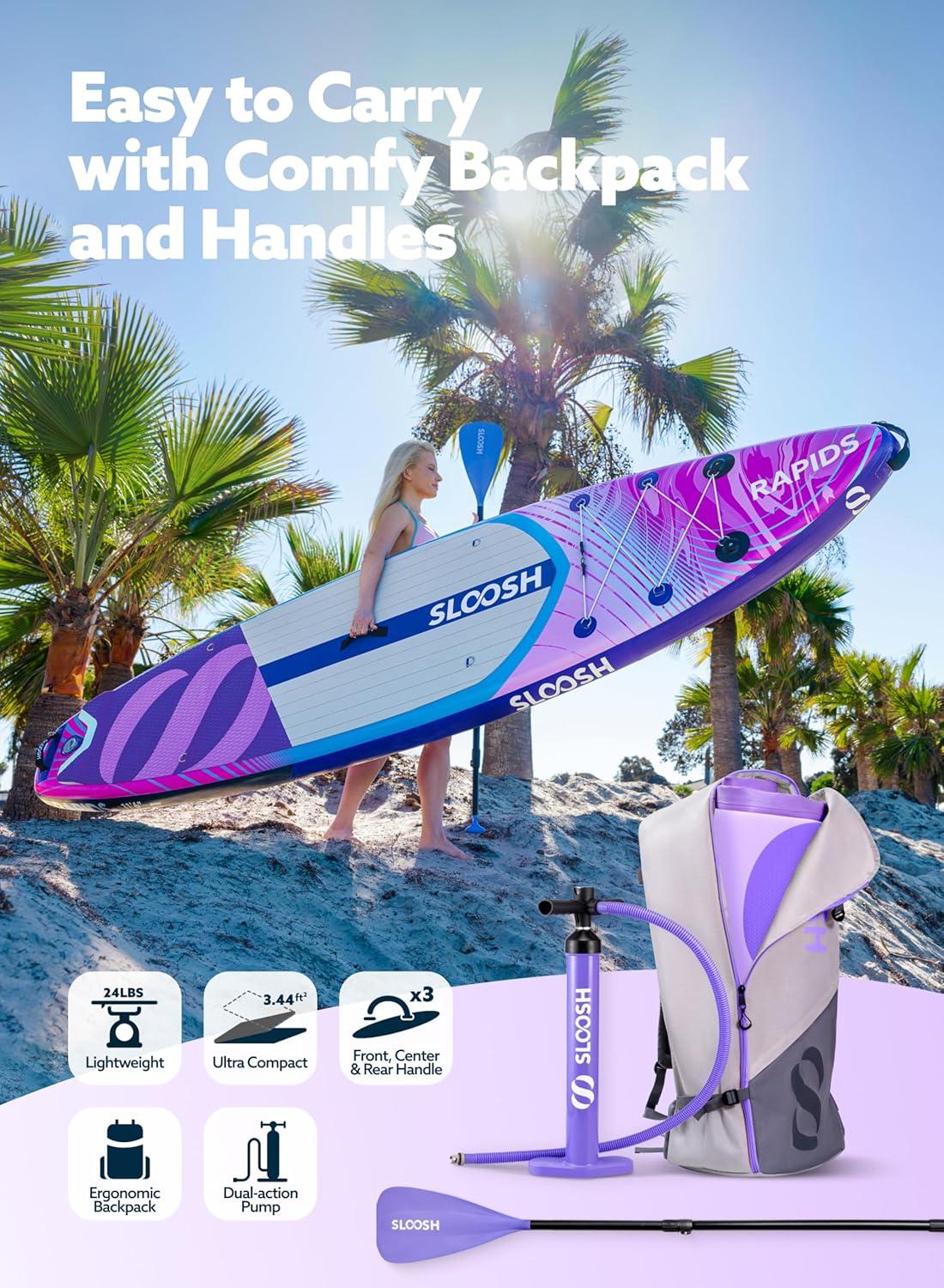 imageSLOOSH Inflatable Stand Up Paddle Board 116 Inflatable Paddle Boards with Premium Accessories NonSlip EVA Deck UltraLight Carry Bag Pump Rapids SUP for Youth amp AdultsFuchsia Tide